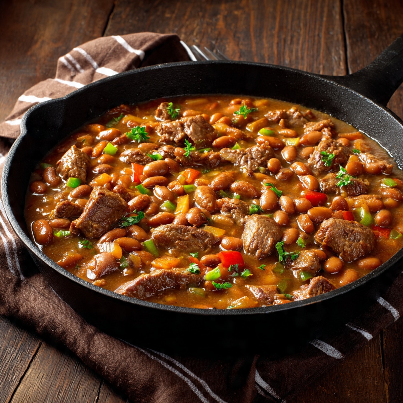 A close-up of a dark brown round plate on a white marbled surface containing two food layers side by side; on the right, a thick layer of plain white cooked rice with a soft, fluffy texture, and on the left, a chunky stew layer with pieces of sausage, beans, and small bits of vegetables in a reddish-brown sauce, showing a mix of smooth and coarse textures. Behind the plate is a partial view of a biscuit, golden and crumbly in texture. To the left, a metallic spoon and fork lie flat. A dark cloth with light stripes is partly visible in the background. Photo taken with an iphone --ar 4:5 --v 7