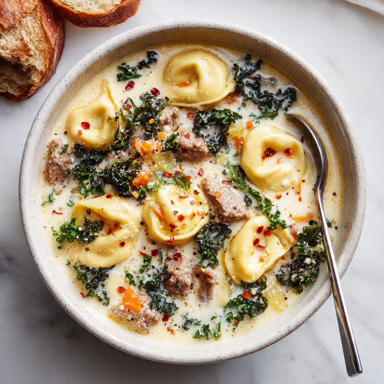 This image shows two white pots filled with a creamy soup that has tortellini pasta and kale. The soup is light yellow with a smooth, thick texture. The tortellini are small, round, and yellow, floating on top and inside the soup. Bright green kale leaves are spread throughout, adding a fresh color contrast. In the right pot, small bits of brown meat and some red chili flakes can also be seen mixed in the creamy soup. Both pots sit on a white marbled surface, and their white interiors make the colors of the soup stand out clearly. photo taken with an iphone --ar 4:5 --v 7