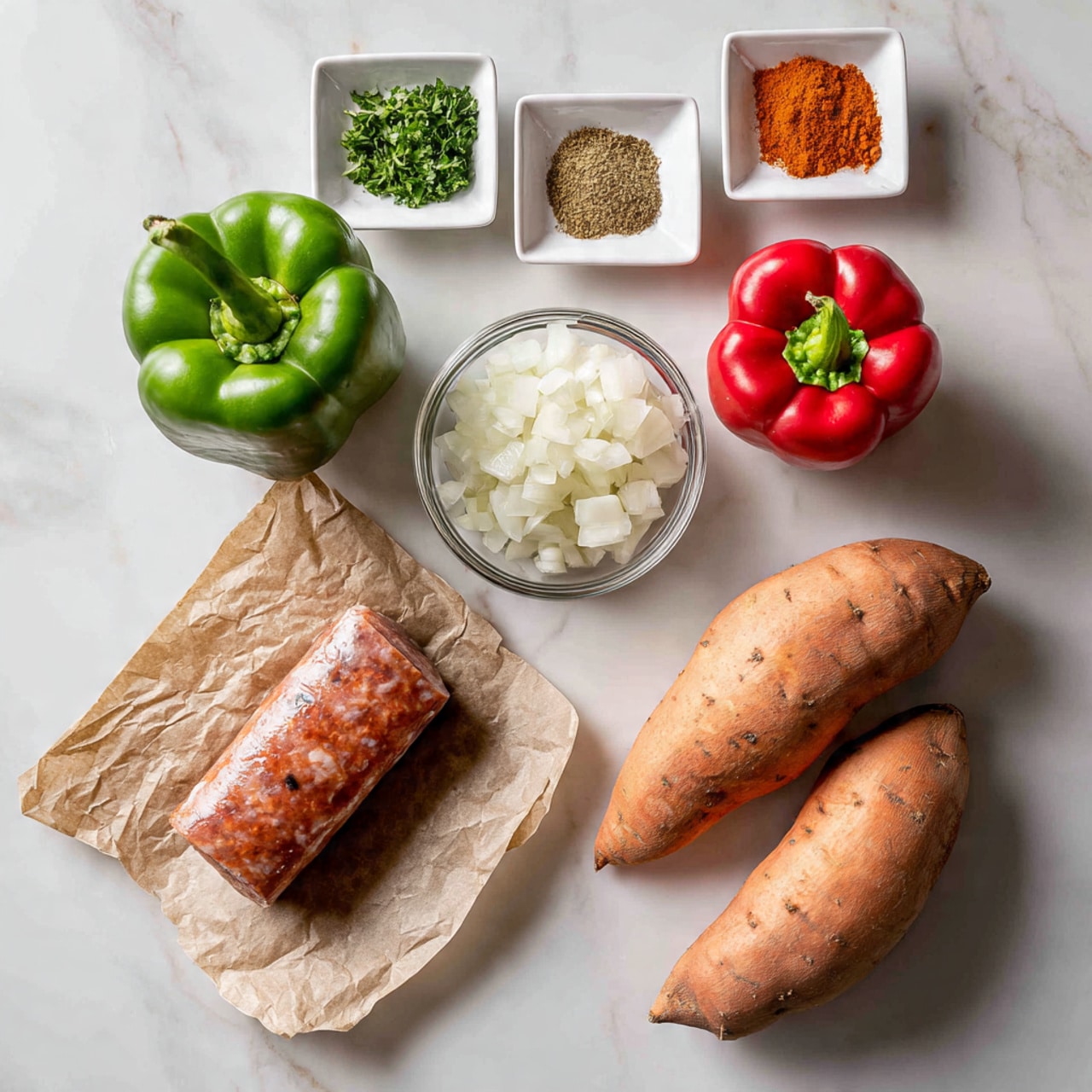 The image shows a collection of fresh ingredients laid out on a white marbled surface. At the bottom, there is a rectangular piece of Italian sausage on a piece of brown parchment paper with a rough, textured surface. Above it, a small clear glass bowl holds finely chopped white onions with a shiny, moist look. To the left of the onion bowl, a whole green bell pepper with smooth and glossy skin is placed next to a round red bell pepper with similar shine. On the right side, two sweet potatoes are lying side by side, one with a pale orange color and the other with a slightly reddish-orange hue, both showing a natural rough skin texture. Above and to the upper left, there are small white square bowls filled with ground cumin, smoked paprika, salt, and fresh finely chopped parsley, each bowl clean and glossy. The overall layout is neat and well spaced out, with clear and bright colors standing out against the white marbled background photo taken with an iphone --ar 4:5 --v 7