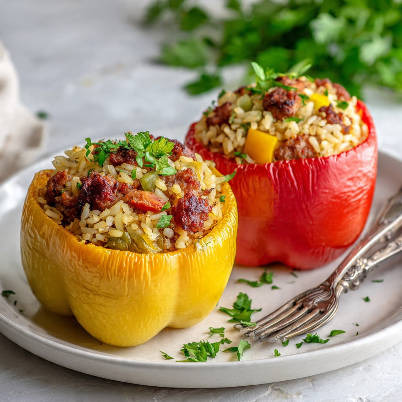 Two stuffed bell peppers, one yellow and one red, sit side by side on a white plate. Each pepper is cut in half and filled with a textured mix of rice, browned sausage slices, and herbs, with the yellow pepper in the front and the red pepper behind it. The filling has a golden-brown color with visible bits of green and red seasoning. The yellow pepper has a smooth, shiny surface, and its green stem curves gently over the plate. A fork lies to the side of the plate on a white marbled surface, and in the blurred background, a bottle of hot sauce and a glass dish with more stuffed peppers can be seen. Some fresh green parsley adds a touch of color near the top left corner. Photo taken with an iphone --ar 4:5 --v 7