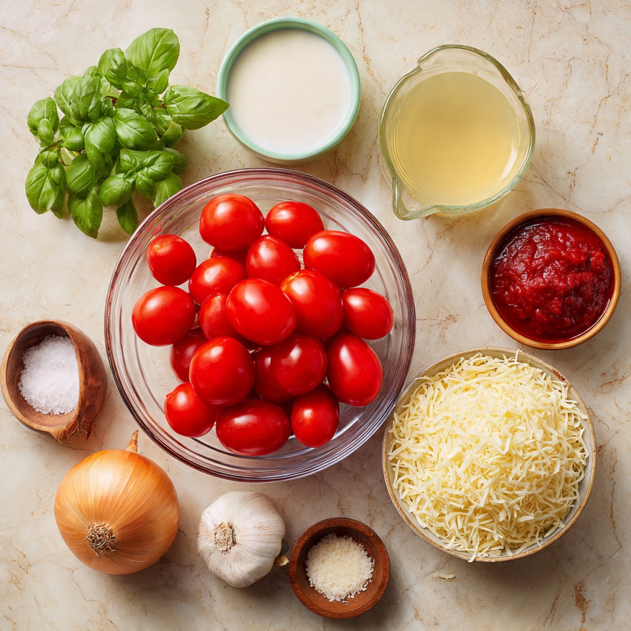 A clear glass bowl filled with bright red Roma and cherry tomatoes sits on a light brown wooden surface, surrounded by small clear glass and pastel green bowls holding light beige grated cheese, creamy white milk, and rich golden broth. There is a pale yellow onion next to a small bunch of fresh green basil leaves with a few garlic cloves, a small brown wooden bowl of salt, a tiny red bowl of light beige sugar, and a small clear glass bowl of deep red tomato paste, all arranged neatly. The overall setup is simple and colorful, with everything placed on a white marbled texture surface photo taken with an iphone --ar 4:5 --v 7