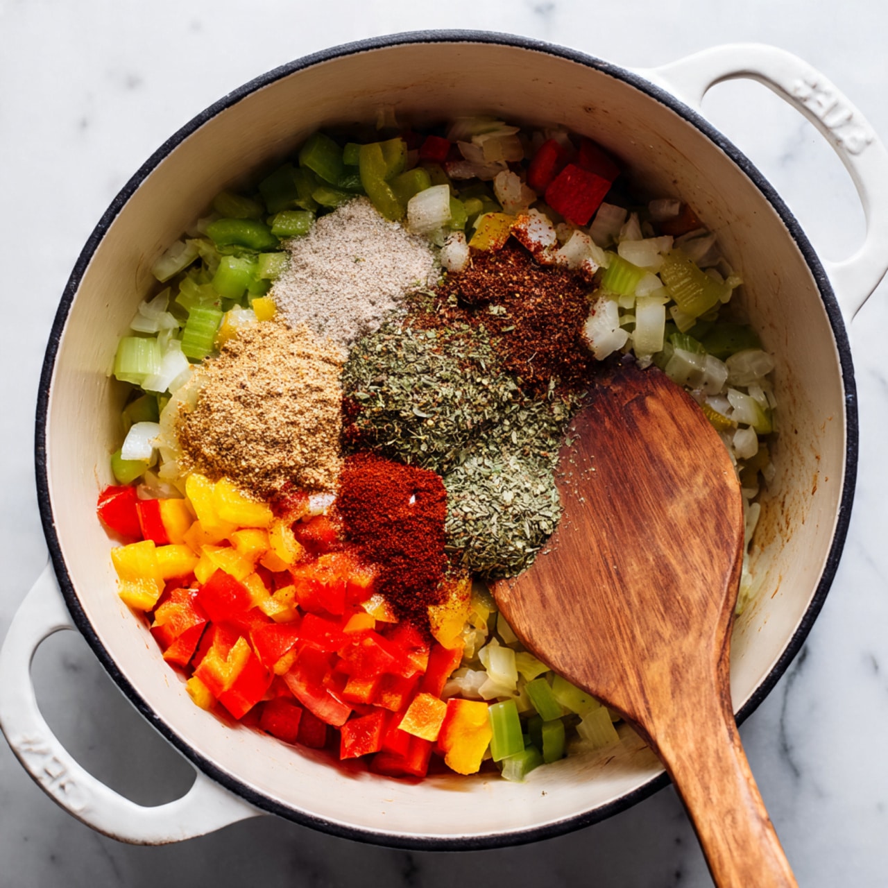 Inside a white pot with a black rim, there are cooked chopped vegetables including onions, green and red bell peppers, yellow bell peppers, and celery forming one colorful layer at the bottom. On top of this vegetable layer, there are several piles of dry spices and herbs in different shades: a light beige pile, a dark brown pile, a reddish-brown pile, and two greenish herb piles. A wooden spoon is resting in the pot, touching the spices and vegetables. The pot sits on a white marbled surface. Photo taken with an iphone --ar 4:5 --v 7