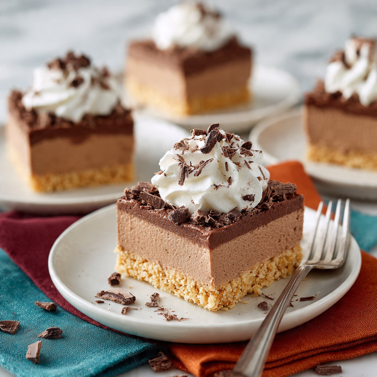 The image shows three pieces of a layered dessert on white plates placed on a white marbled surface. Each dessert has three layers: a crumbly light brown base, a thick middle layer of smooth chocolate mousse in a rich brown color, and a fluffy white cream layer on top. Dark chocolate shavings are sprinkled over the cream. The main piece in the center has a silver fork resting beside it with a bite-sized serving of the same layers on the fork. Pieces of dark chocolate lie scattered near the front plate, adding depth to the visual. All plates have cloth napkins underneath them in different colors, including dark teal, dark brown, and orange, creating contrast. The lighting is soft and natural, highlighting the creamy textures and smooth layers of the dessert. Photo taken with an iphone --ar 4:5 --v 7