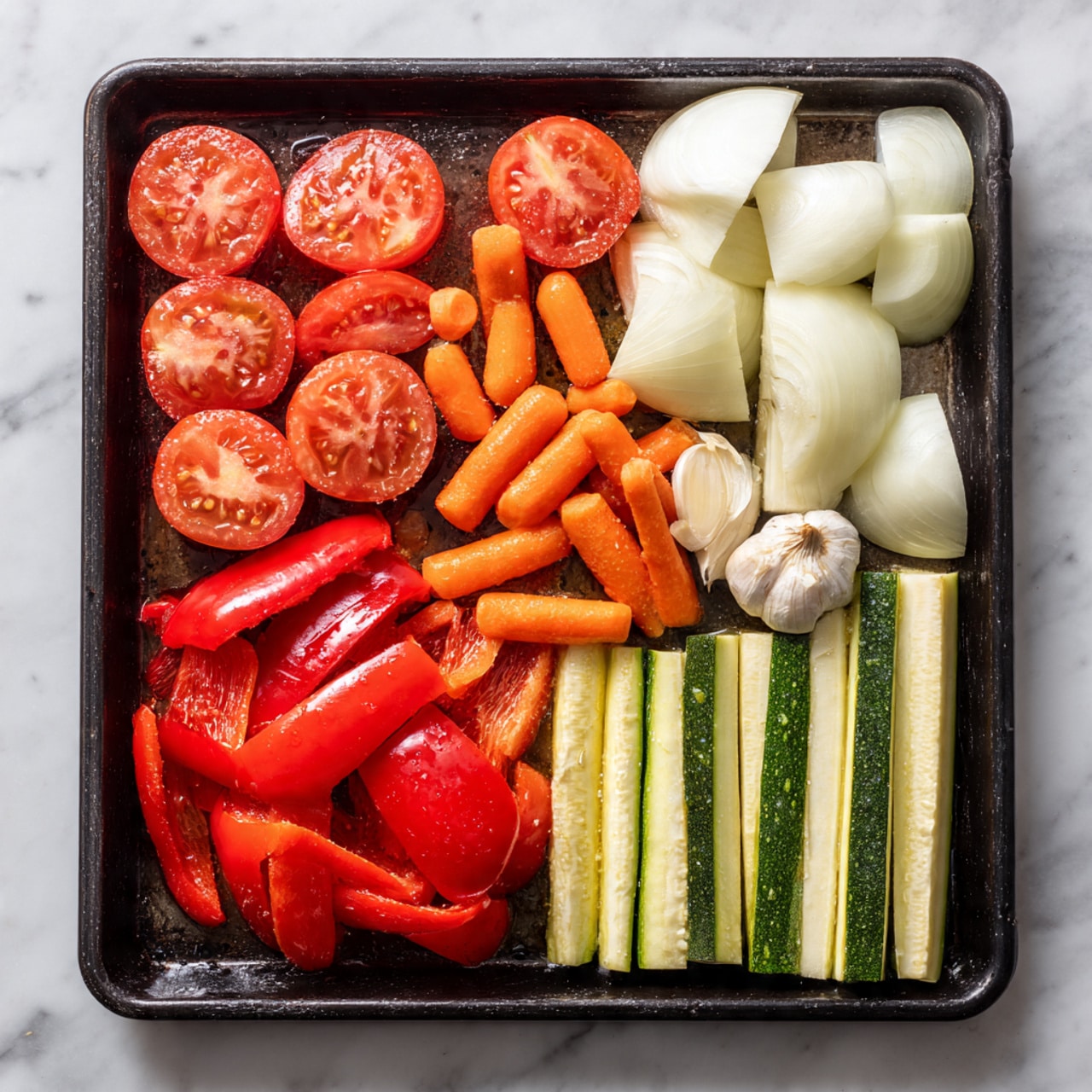 The image shows a dark baking sheet filled with raw vegetables arranged in sections. On the left side, there are sliced tomatoes with red skin and juicy inner flesh. Around and between the tomato slices, small bright orange baby carrots are scattered. Next to the tomatoes and carrots is a section of red bell peppers cut into large pieces with shiny, smooth skin, showcasing their vibrant red color and hollow inside. Toward the top right, there are several large pieces of white onion with smooth, curved layers. At the bottom right, long pieces of pale green zucchini with smooth skin are lined up in neat rows. A whole head of garlic cut in half exposing the round white cloves sits near the center. All the vegetables have a light drizzle of oil, making them shiny. The baking sheet is set on a white marbled surface. Photo taken with an iphone --ar 4:5 --v 7