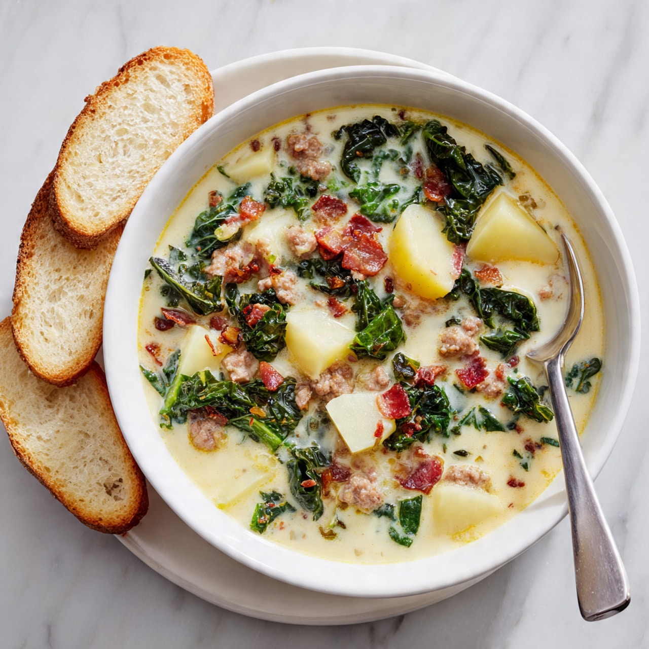 A white bowl filled with creamy soup that has layers of green kale leaves, pieces of light brown sausage, small pale yellow potato chunks, and reddish-brown bacon bits mixed throughout. A silver spoon rests inside the bowl on the right side. Surrounding the bowl are three slices of light yellow bread with a soft texture. The bowl is placed on a white marbled surface. Photo taken with an iphone --ar 4:5 --v 7