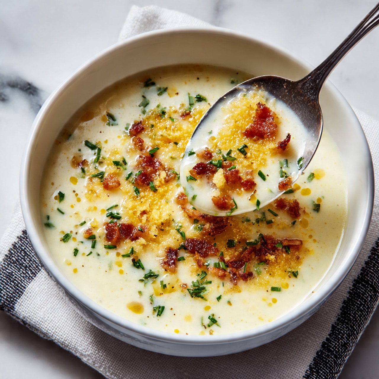 A white bowl filled with smooth, creamy light-colored soup with small pieces of crispy browned bacon and tiny green herbs sprinkled in the center. Above the soup, a woman's hand is shown adding bright orange shredded cheese on top. The bowl is on a white marbled surface with a textured black and white cloth underneath. In the background, there is another white bowl with green herbs and orange shredded cheese visible, along with a dark red cloth and a gold spoon. Photo taken with an iphone --ar 4:5 --v 7