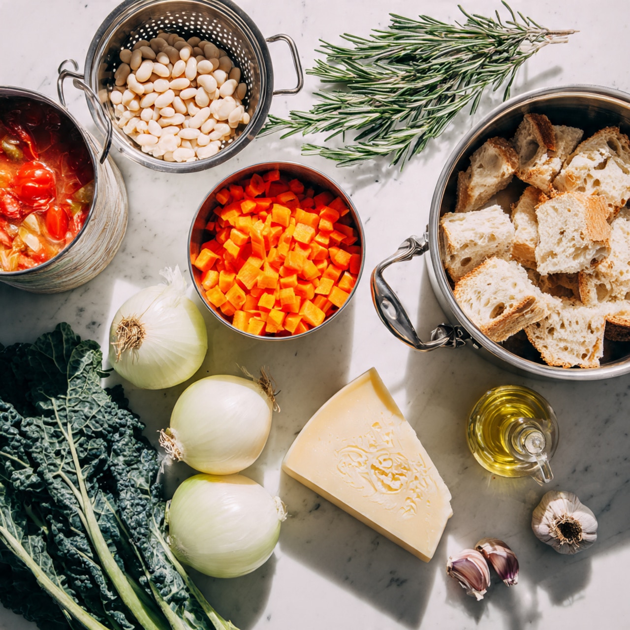 The image shows a white marbled surface with several fresh ingredients arranged neatly. On the right side, there is a large metal mixing bowl filled with torn pieces of light brown bread and a wedge of pale yellow cheese with a stamped pattern resting on top. Next to it, a smaller metal bowl holds bright orange chopped carrots. To the left, a metal colander contains smooth white beans. Above, there is an open can filled with red tomatoes. Fresh green sprigs of rosemary lie above the can and spread across the top section. Below, there are leafy dark green kale stems, a round pale yellow onion, a white bulb fennel, a small glass bottle filled with golden liquid, and a garlic bulb with some cloves separated. The overall setup is clean and brightly lit. Photo taken with an iphone --ar 4:5 --v 7