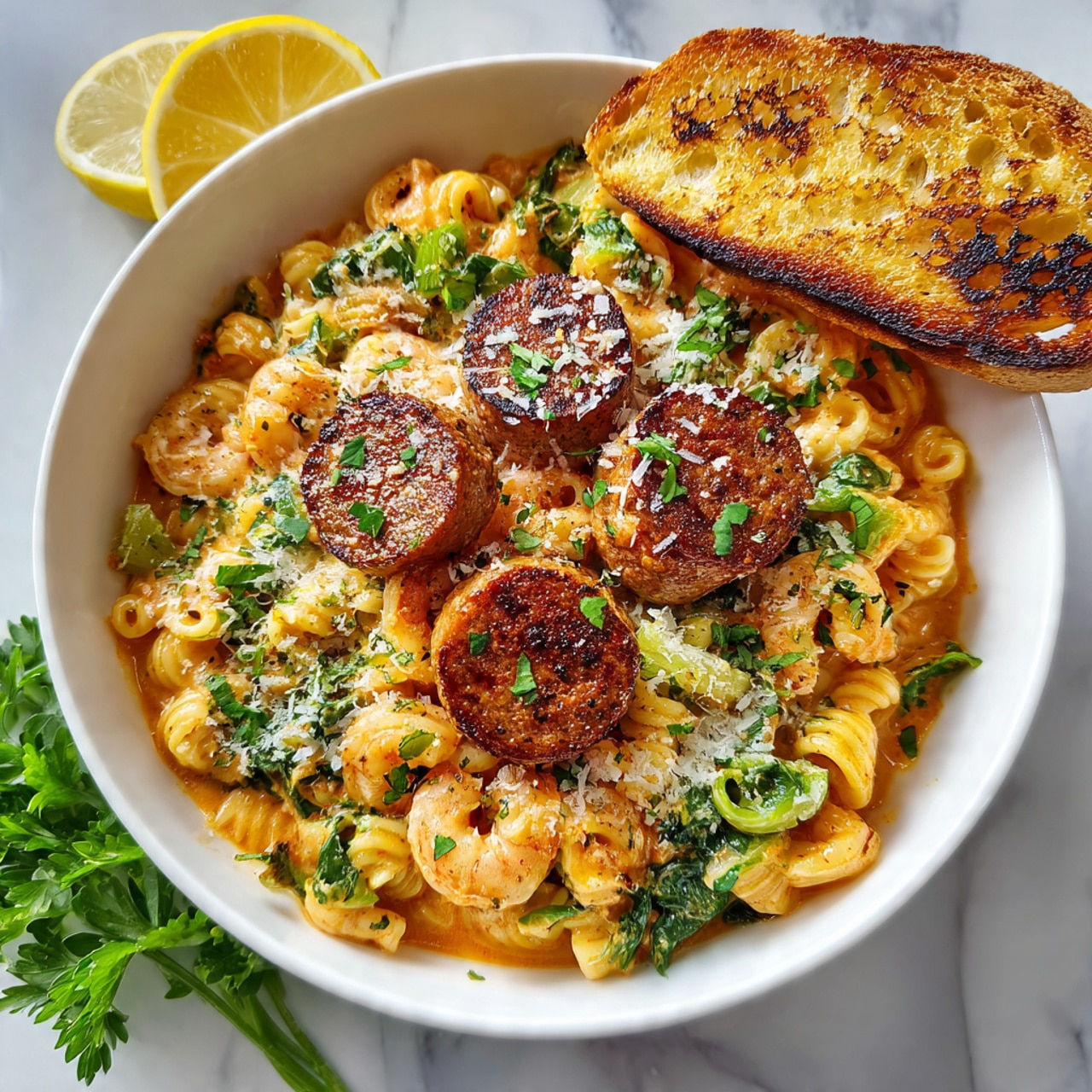 A close-up of a black pan on a white marbled surface filled with creamy pasta coated in orange sauce with bits of green bell peppers and small mushrooms mixed in, topped in a row with several browned sausage slices and five golden-brown grilled shrimp lined up across the middle, the pasta strands thick and intertwined with the sauce pooling slightly underneath, photo taken with an iphone --ar 4:5 --v 7