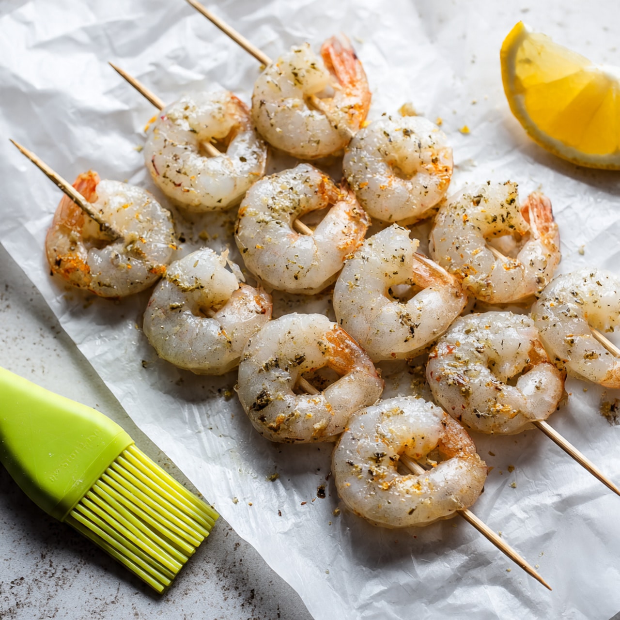 Three wooden skewers lie horizontally on a sheet of foil with raw shrimp threaded on them, each skewer holding about six shrimp. The shrimp are a translucent grayish color with a light seasoning of spices that give small orange and dark brown specks. The shrimp tails are still attached and curled, creating a slightly layered effect along each skewer. In the lower left corner, a lime green silicone brush with bristles is visible, touching the foil. Near the top right corner, a small piece of bright yellow lemon peel rests on the foil. The surface underneath the foil is a white marbled texture photo taken with an iphone --ar 4:5 --v 7