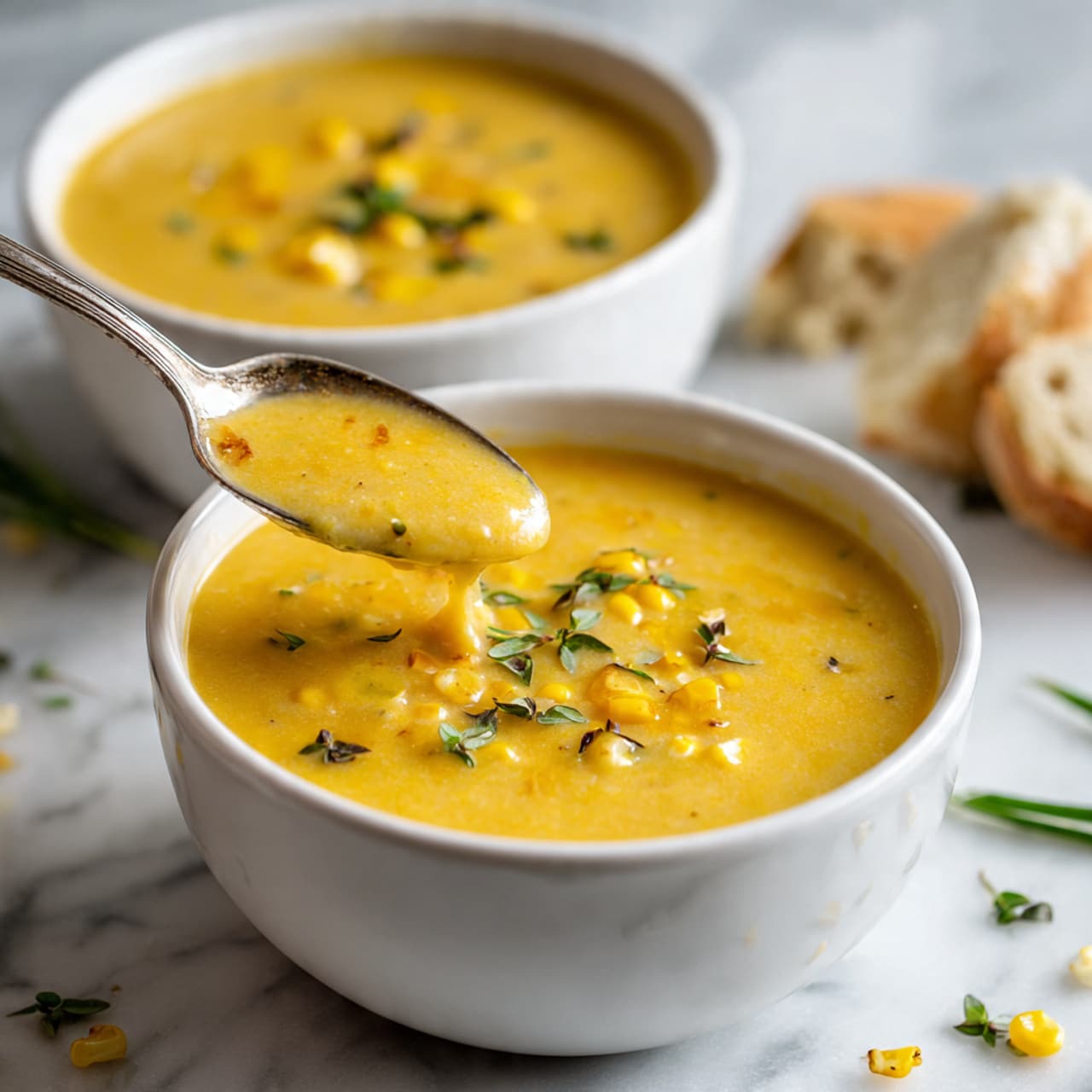 The image shows two white bowls filled with thick, creamy corn soup with a warm yellow-orange color and small corn pieces spread throughout. One bowl is at the front and has a silver spoon lifting some soup, showing its smooth texture. Small green herb sprigs are floating on the surface of the soup in both bowls. The bowls are placed on a white marbled surface, with some scattered pieces of light bread and extra herb sprigs around them. The overall look is fresh and inviting with soft natural light photo taken with an iphone --ar 4:5 --v 7