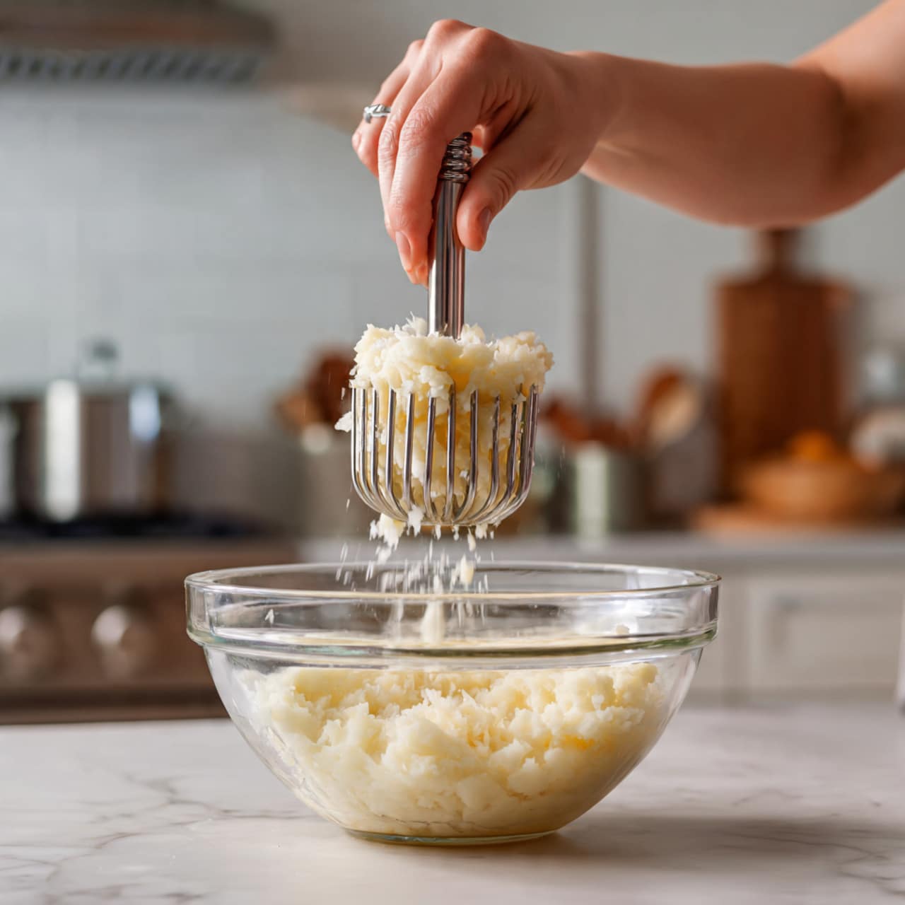A close-up image shows a woman's hand pressing a metal potato masher filled with soft white potatoes over a clear glass bowl, with thin strands of cooked potatoes falling into the bowl below. The background is slightly blurred kitchen appliances and cabinets. The surface under the bowl is a white marbled texture photo taken with an iphone --ar 4:5 --v 7