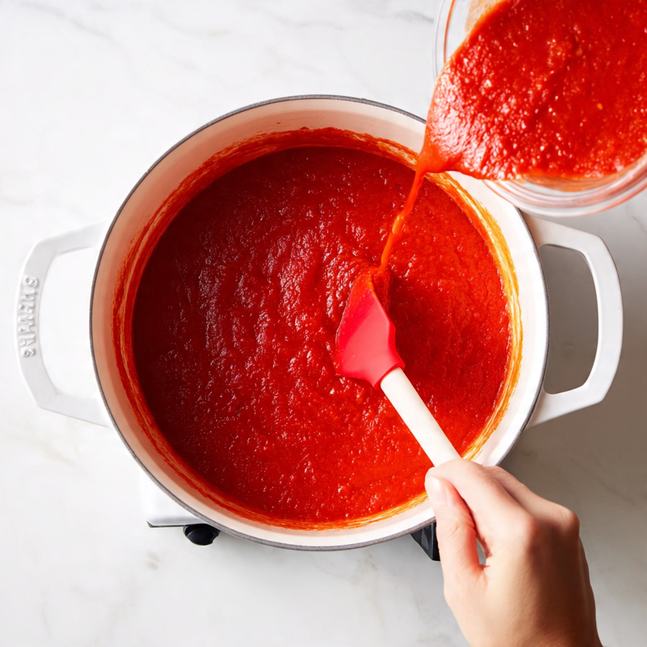A white pot filled with bright red tomato sauce with a thick texture sits on a stove. Inside the pot, a red spatula is partially submerged in the sauce, held by a woman's hand. From the right side of the image, red sauce is being poured from a container into the pot. The background includes a white marbled surface, giving a clean and bright appearance. Photo taken with an iphone --ar 4:5 --v 7