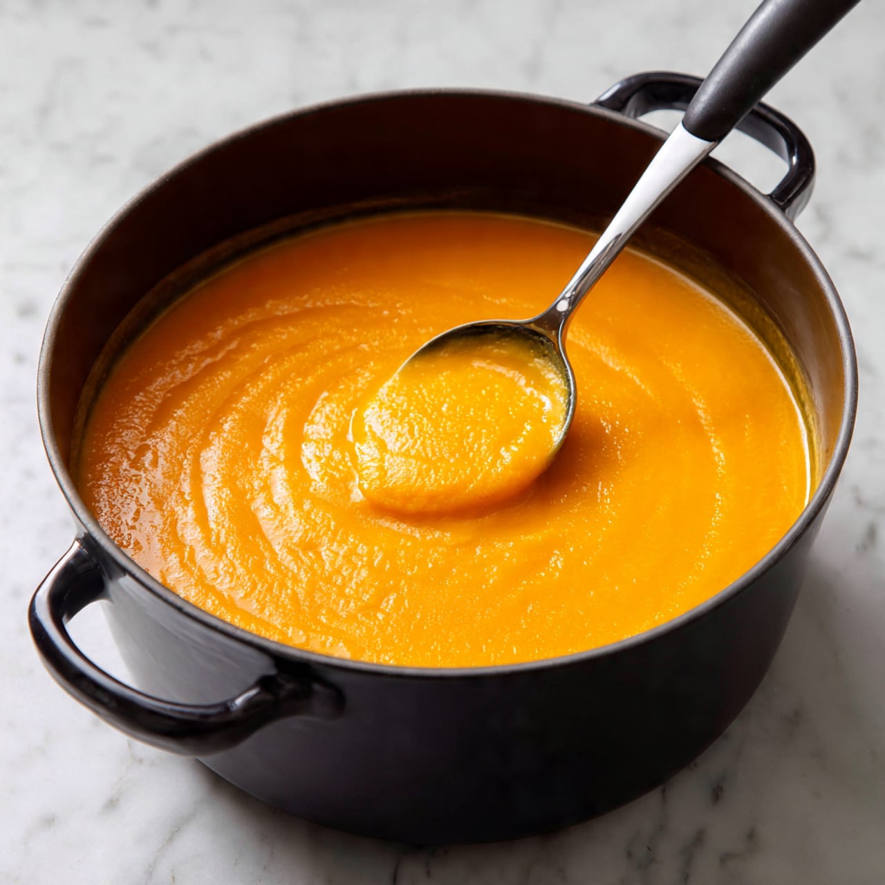 A close-up photo shows a black pot filled with thick, orange soup with a smooth but slightly chunky texture. A silver spoon with a black handle rests inside the pot, partially submerged in the soup, lifting some of it to show its creamy consistency. The pot sits on a white marbled surface, making the bright orange soup stand out. The pot has small handles visible on each side. photo taken with an iphone --ar 4:5 --v 7