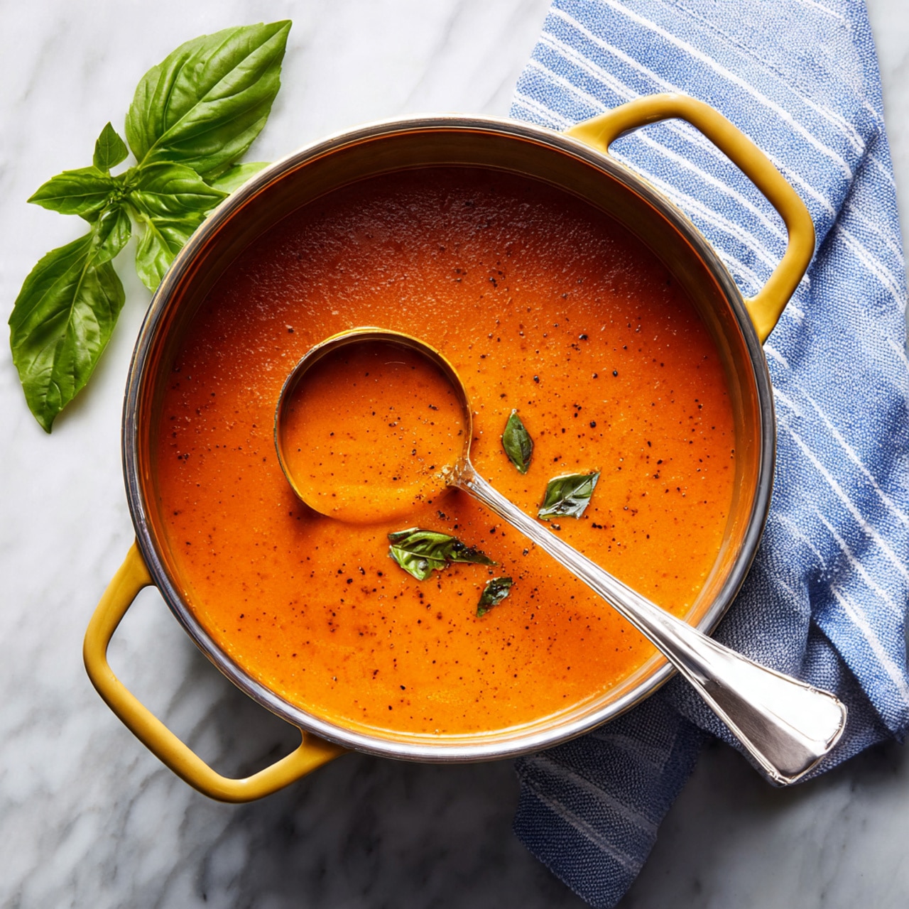 A white cup filled with bright orange tomato soup, showing a few small green herb pieces and a swirl of white cream on the surface near the edge. A piece of toasted bread with a golden brown crispy texture is being dipped into the soup by a woman’s hand, with some melted cheese stretching between the bread and soup. The cup sits on a white plate with green parsley leaves around it, all placed on a white marbled surface. Photo taken with an iphone --ar 4:5 --v 7