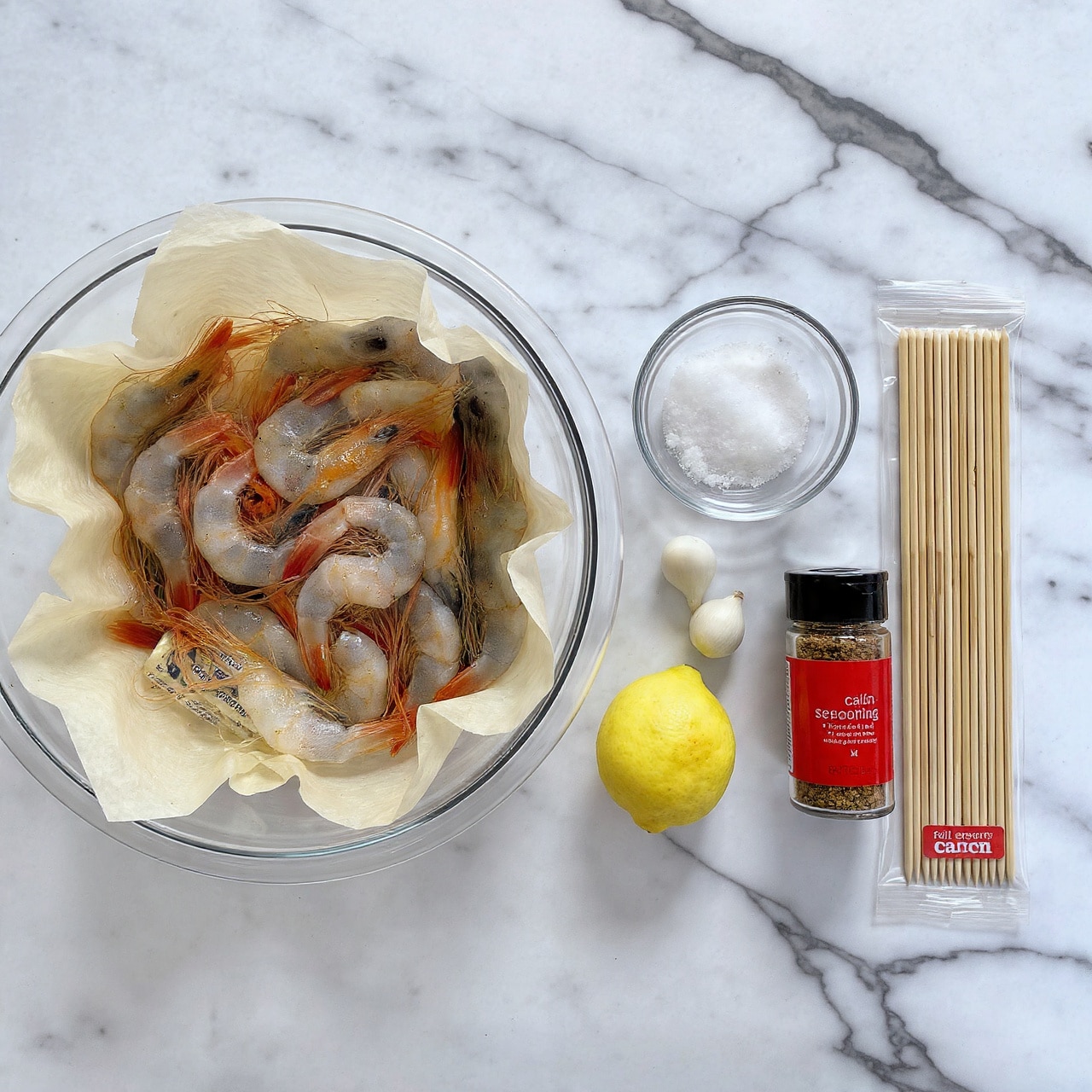 A clear glass bowl filled with raw shrimp lined with white paper sits on a white marbled surface. Next to the bowl are a stick of butter in a wrapper labeled