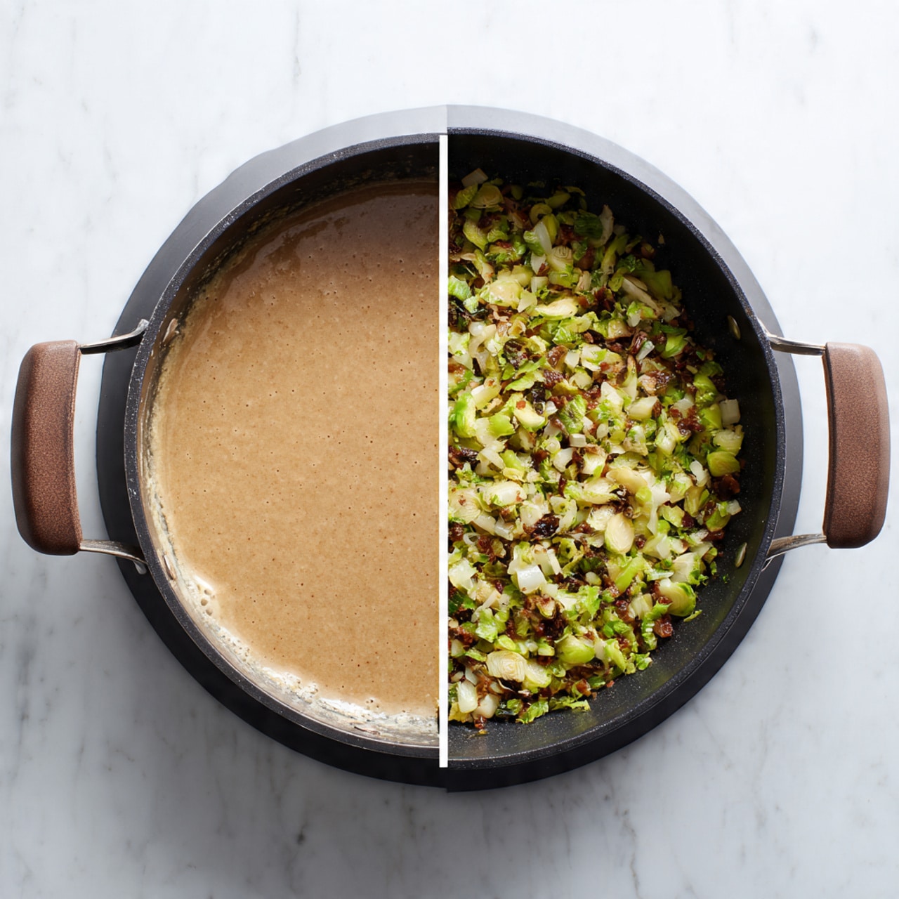 The image shows two black pans with brown handles placed side by side on a white marbled surface. The left pan has a smooth layer of light brown liquid spread evenly inside with a slightly shiny texture. The right pan contains a layer of chopped green and white vegetables, mixed with some brown bits, all scattered evenly across the pan’s bottom, showing a slight cooked texture with some glossy areas. photo taken with an iphone --ar 4:5 --v 7
