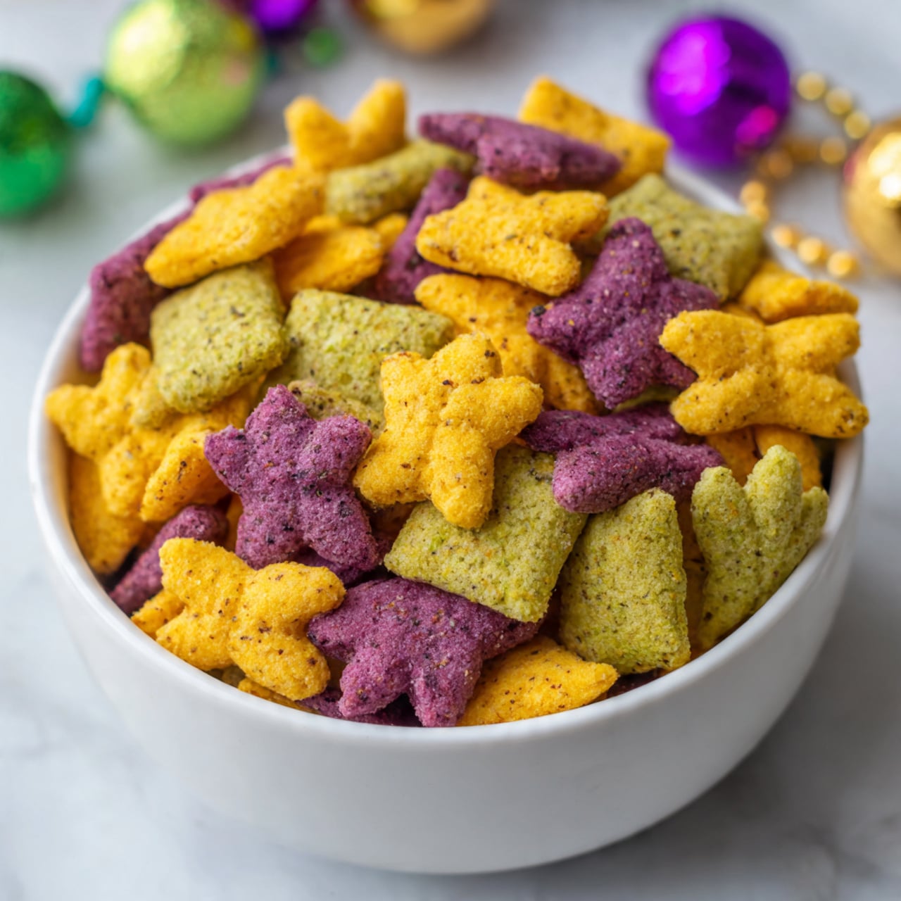 A close-up view of a bowl filled with colorful snack pieces shaped like small squares and leaves. The snack pieces come in three colors: bright yellow, deep purple, and light green, with visible specks of seasoning on their rough texture. The pieces are mixed together evenly, filling a white bowl that sits on a white marbled surface. The background has a soft focus but shows some colorful beads, adding a festive feeling. photo taken with an iphone --ar 4:5 --v 7