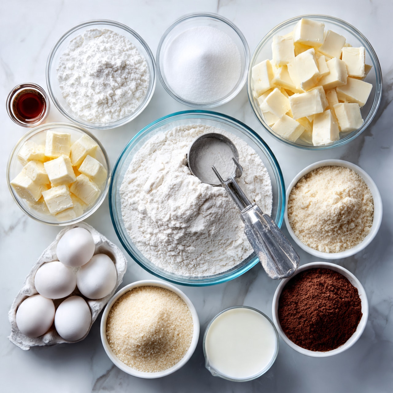 The image shows multiple small white bowls and a few clear glass bowls arranged on a white marbled surface, each filled with different baking ingredients. In the center, there is a large clear glass bowl filled with white flour, with a silver metal scoop resting inside it. Surrounding it are bowls with white powdered sugar, white sugar granules, white cream, light yellow cubes of butter, light brown powder, beige granules, and a dark brown liquid. There is also a white egg carton with four white eggs, a small white bowl of vanilla extract, and a white bowl of milk. The colors are soft, mainly white and light browns, with a clean and simple layout. Photo taken with an iphone --ar 4:5 --v 7