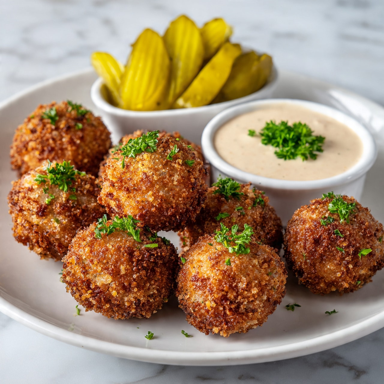 A close-up view of a crispy, golden-brown fried ball with a crunchy textured outside, held by a woman's hand. The fried ball is broken open to reveal a soft inside with layers of light brown shredded meat and small white grains, dipped halfway into a creamy beige sauce with small specks of herbs and spices. Several whole fried balls rest on a white plate around a white cup filled with the same creamy sauce, topped with a small green garnish. The dish sits on a white marbled surface with a warm and cozy atmosphere. photo taken with an iphone --ar 4:5 --v 7