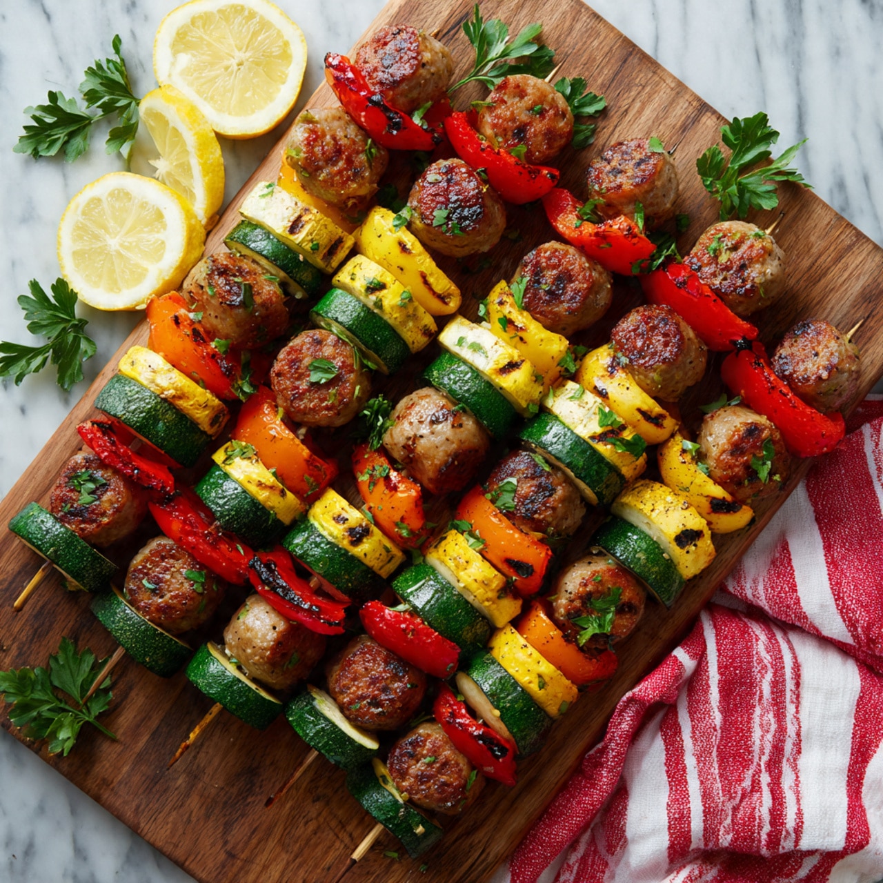 A white bowl filled with colorful grilled vegetables and sausage pieces is shown from above. The bowl has a mix of small orange, red, and yellow bell peppers, scattered throughout. There are medium-sized thick sausage slices that are light brown with grill marks, sitting among sliced green zucchini pieces. Some yellow squash pieces with slightly charred edges add more color to the bowl. Fresh green parsley leaves are sprinkled on top for garnish. The bowl is placed on a white marbled surface, next to a fork and knife on the left and a red and white striped cloth on the right. Two lemon halves and fresh parsley sprigs are placed above the bowl. Photo taken with an iphone --ar 4:5 --v 7