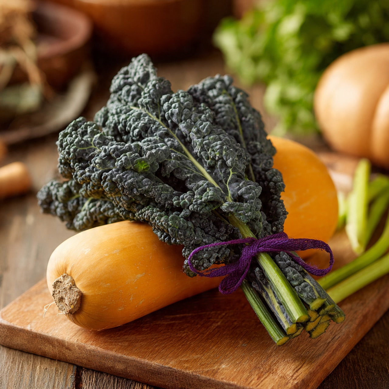 A close-up image of a bunch of dark green, wrinkled kale leaves tied together with a purple band resting on top of a light orange butternut squash, with fresh green celery stalks lying next to the vegetables. The items are placed on a wooden cutting board with a blurred kitchen background. The textures show the roughness of the kale and smoothness of the squash photo taken with an iphone --ar 4:5 --v 7