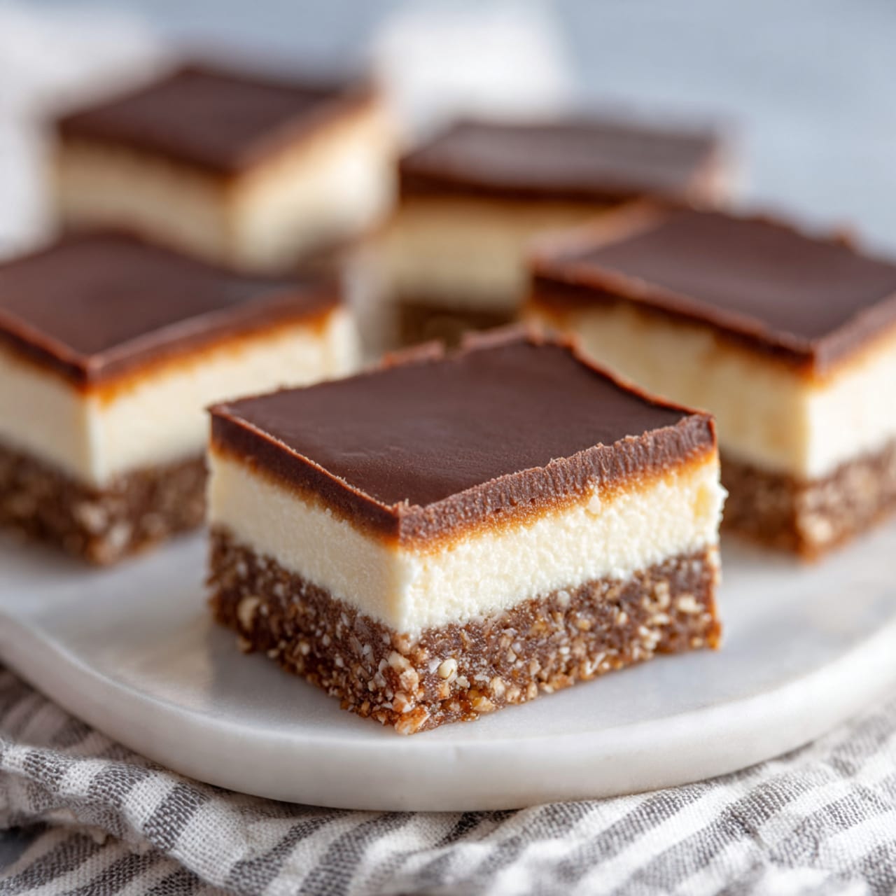 The image shows square dessert bars arranged on a white plate with a white marbled surface underneath. Each bar has three clear layers: the bottom layer is dark brown with a coarse texture resembling nuts and oats; the middle layer is thick, smooth, and creamy white; the top layer is a glossy, rich dark brown chocolate sheet that is thin and even. The bars are neatly cut with sharp edges, and they are spaced slightly apart on the plate. Photo taken with an iphone --ar 4:5 --v 7