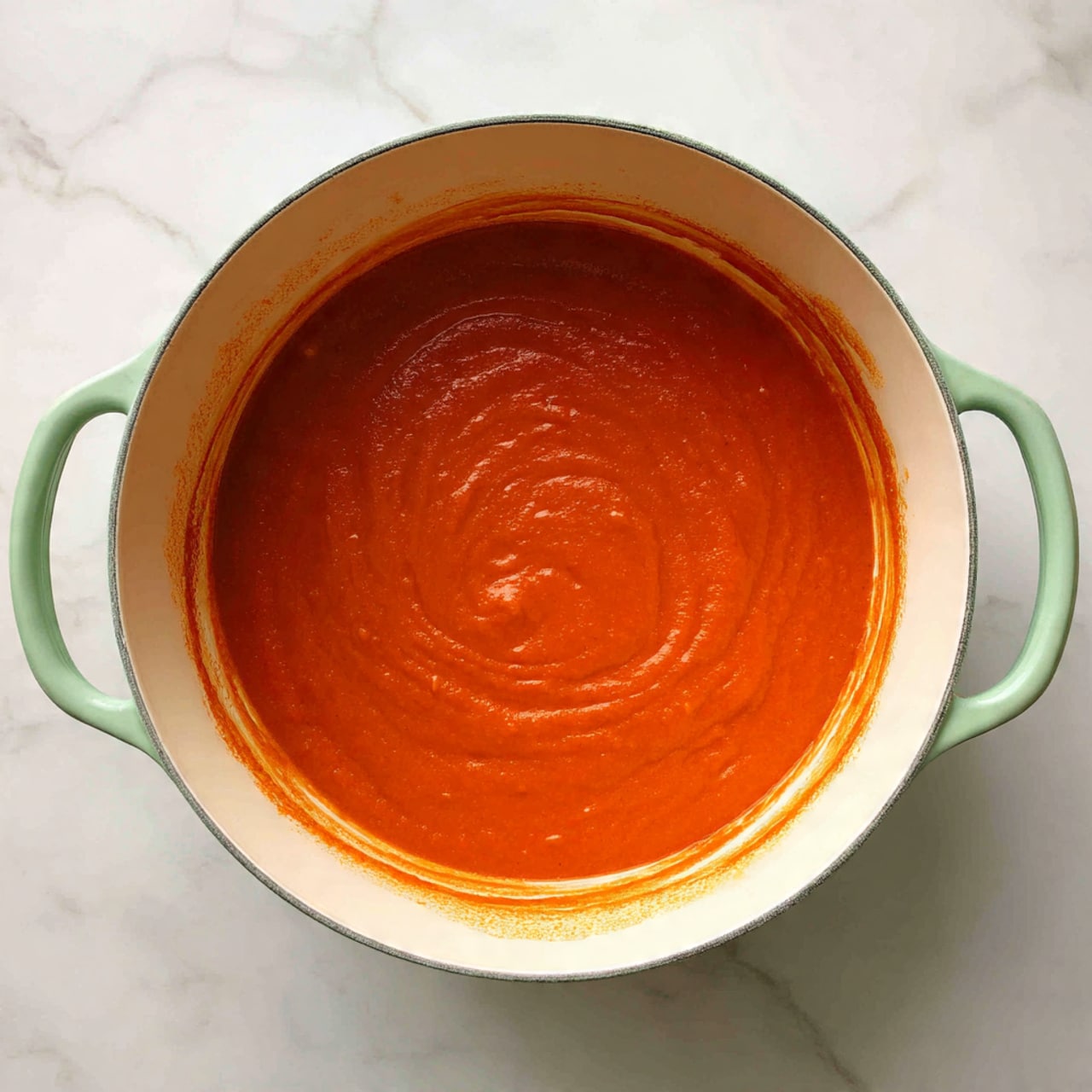 The image shows a white pot with a light green rim filled with a single layer of smooth, thick tomato sauce. The sauce is deep orange-red with a few lighter swirls and some streaks around the pot's sides. The pot sits on a white marbled surface, and there is no other food or items visible in the scene. photo taken with an iphone --ar 4:5 --v 7