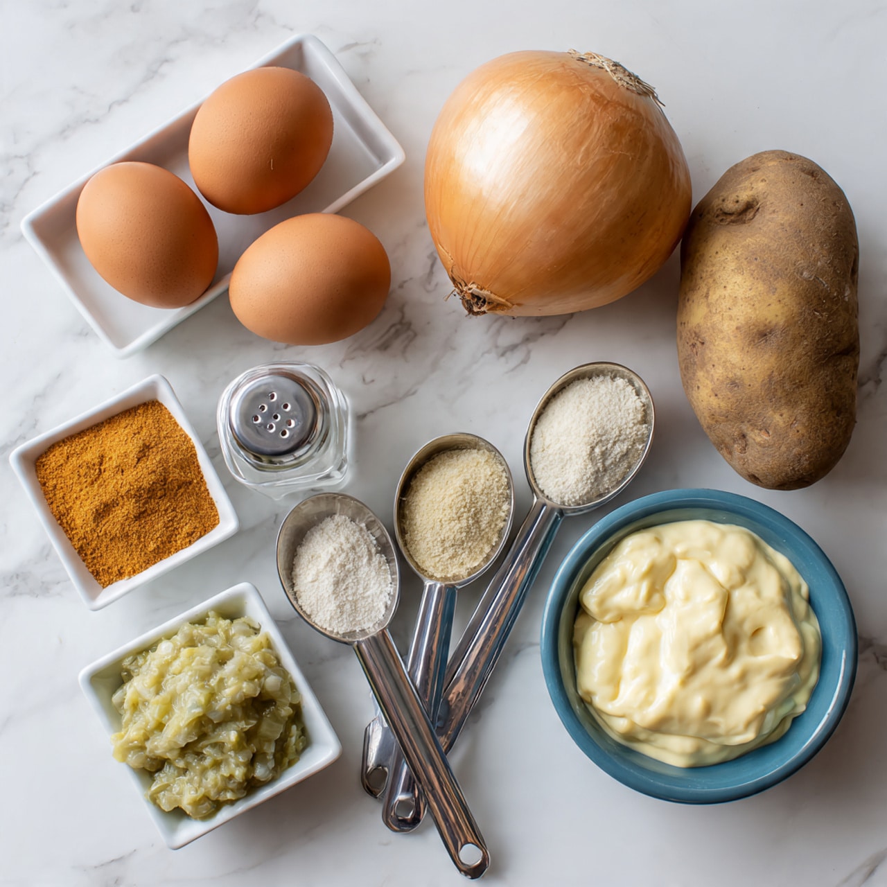 The image shows ingredients for a dish arranged neatly on a white marbled surface. There are two large russet potatoes with brown rough skin placed at the top right. Below the potatoes is a large round onion with smooth light brown skin. To the left of the onion are two brown eggs resting in a small white rectangular dish, and above the eggs is a clear salt shaker with visible salt inside. To the right of the onion, there are three metal measuring spoons each containing different powders: a large spoon with light orange creole seasoning, a smaller one with pale onion powder, and the smallest with off-white garlic powder. Below the eggs and onion, there is a small white square bowl with greenish chunky sweet relish, a white square bowl with smooth yellow mustard, and a blue bowl filled with creamy white mayonnaise showing soft texture on the surface. The items are all well spaced and labeled clearly. Photo taken with an iphone --ar 4:5 --v 7