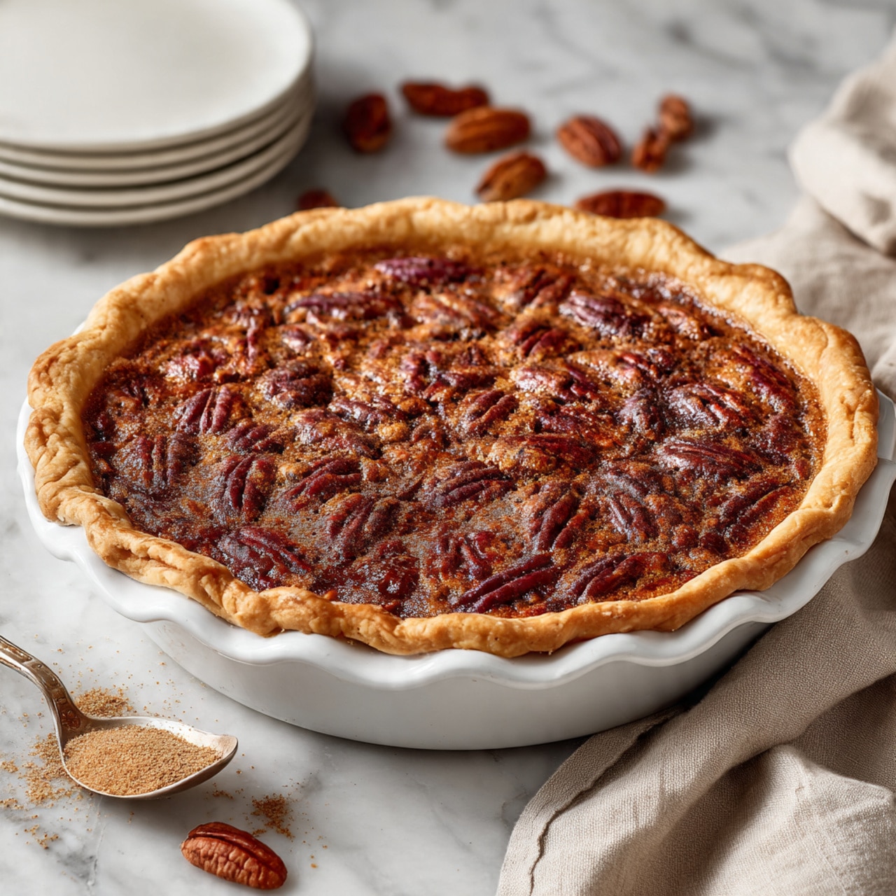 A pecan pie sits in a white pie dish with a thick golden-brown crust that is crimped around the edges, showing a slightly flaky texture. The top layer is evenly covered with whole toasted pecans in various shades of deep brown and reddish tones, set in a glossy, caramel-like filling that appears rich and slightly cracked. The pie rests on a white marbled surface and is surrounded by scattered pecans, a rustic spoon with some brown sugar spilling over, and a light beige cloth casually placed next to it. In the background, a stack of white plates is faintly visible. photo taken with an iphone --ar 4:5 --v 7