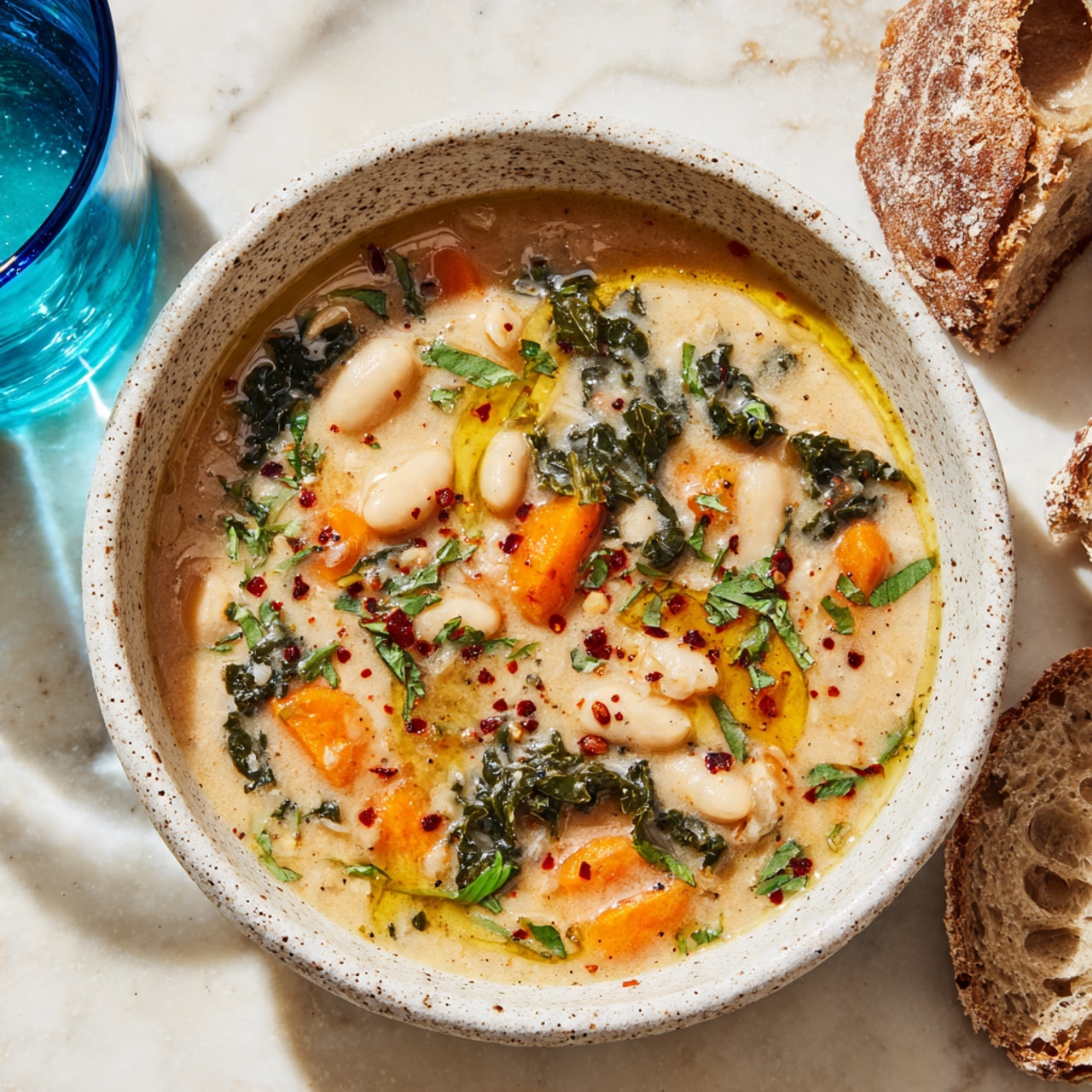 A close-up image of creamy soup in a white pot with a wooden handle. The soup has three main layers: a creamy beige base with small bubbles and oil droplets on top, mixed with chopped orange carrots and white beans adding texture. On top, there are vibrant dark green leafy vegetables, likely kale, spread throughout. A ladle lifts a portion of the soup, showing the mix of creamy broth, greens, beans, and carrots up close. The background is a white marbled surface. Photo taken with an iphone --ar 4:5 --v 7