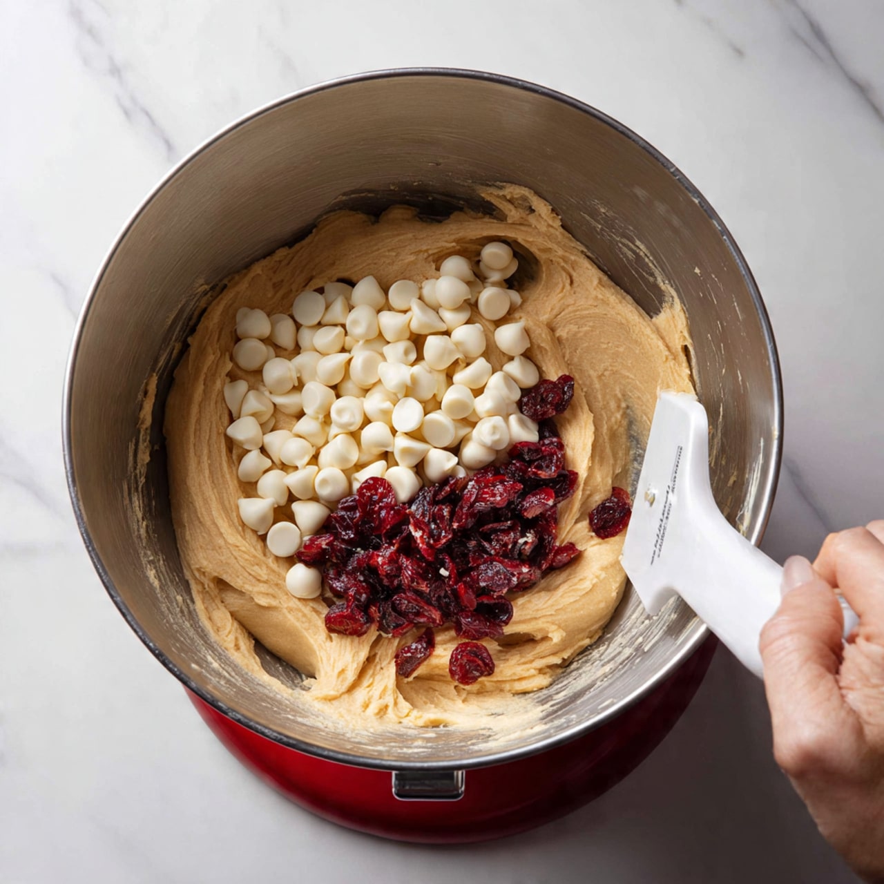 A silver mixing bowl holds smooth, light brown dough with a creamy texture sitting on top of a white marbled surface. The dough is thick and soft, filling most of the bowl. On the dough, there are many small, shiny white chocolate chips piled in the front center, with dark red dried cranberries next to them. A silver mixing paddle is attached inside the bowl, partly covered with dough, and a woman's hand holds a white rubber scraper on the right edge of the bowl, also covered slightly in dough. The bowl sits on a red mixer base. Photo taken with an iphone --ar 4:5 --v 7