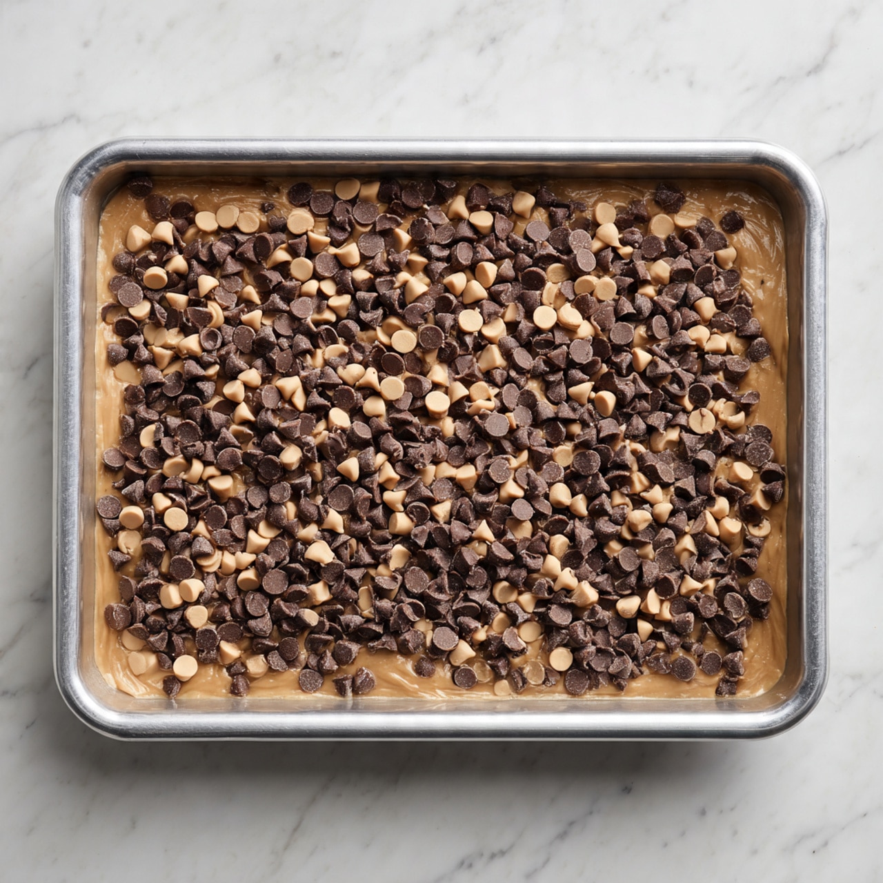 This image shows a metal baking tray filled with two layers. The bottom layer is a smooth, light brown batter base that fills the tray evenly. On top, there is a thick layer of dark brown and light tan chocolate chips scattered all over, creating a textured, bumpy surface. The chocolate chips are mixed and spread randomly but fully cover the batter. The tray sits on a white marbled surface. photo taken with an iphone --ar 4:5 --v 7