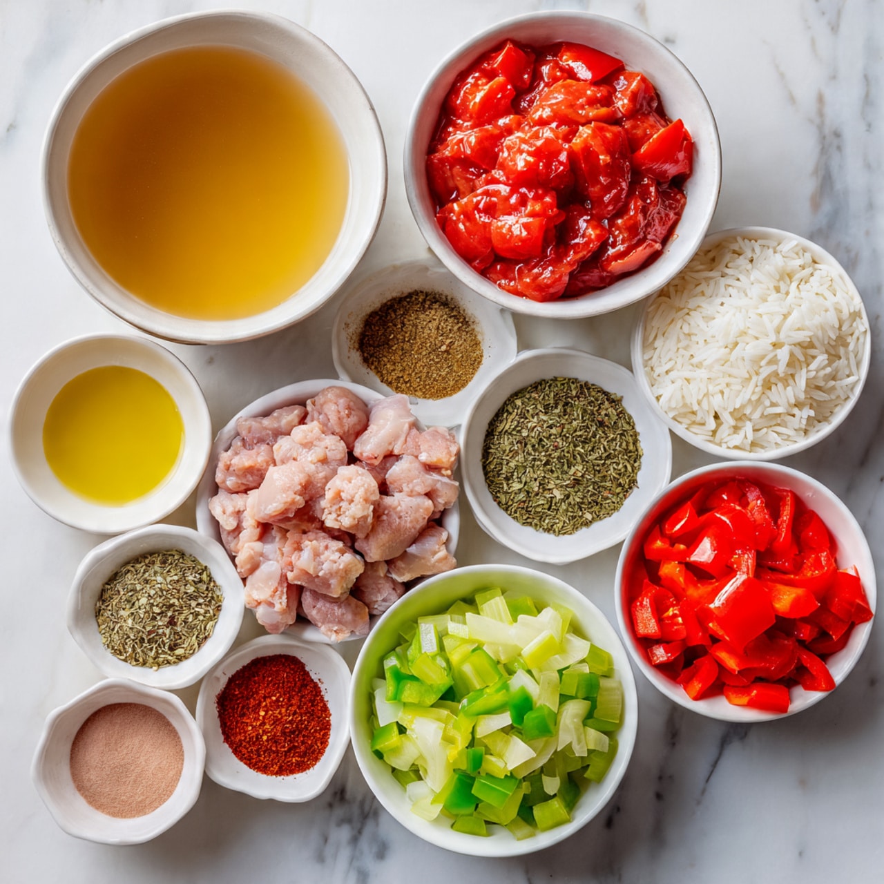 The image shows several small white bowls placed on a white marbled surface, each filled with different ingredients. At the center, there is a bowl of clear golden chicken broth surrounded by bowls with various items: white raw rice, bright red canned tomatoes with a chunky texture, pale pink raw chicken thighs, sliced brown sausage, and a mixed colorful bowl of diced onion, green bell pepper, and celery. Small bowls hold seasonings like a red-brown Cajun spice, coarse salt and pepper, and a group of green dried herbs including basil, parsley, and garlic powder. A small bowl of golden olive oil completes the arrangement. All bowls have a smooth texture and neatly contain the ingredients, offering a clean and organized look. Photo taken with an iphone --ar 4:5 --v 7