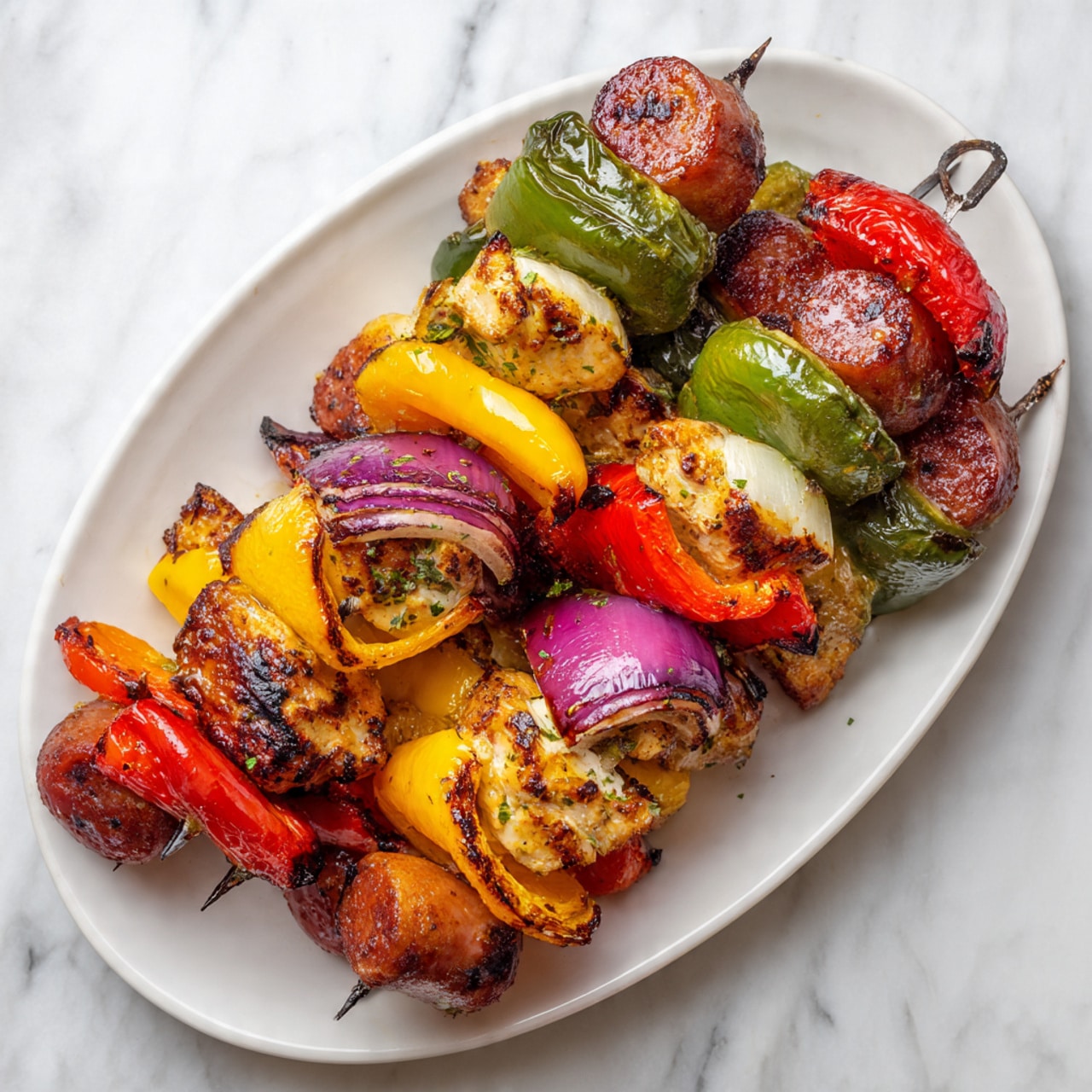 The image shows three metal skewers with grilled kebabs placed on a white oval plate on a white marbled surface. Each skewer has layers that start with a large green pepper piece with a slight char, followed by a chunk of red onion with purple and white tones, then a browned and grilled piece of sausage in reddish-brown shade. Next are pieces of yellow bell pepper, bright red bell pepper, and chicken chunks that are beige with grill marks and slight charring. The colors alternate creating a vibrant and fresh look with a mix of green, purple, red, yellow, and brown. The grilled texture of the meat and vegetables gives a slightly charred and appetizing appearance. photo taken with an iphone --ar 4:5 --v 7