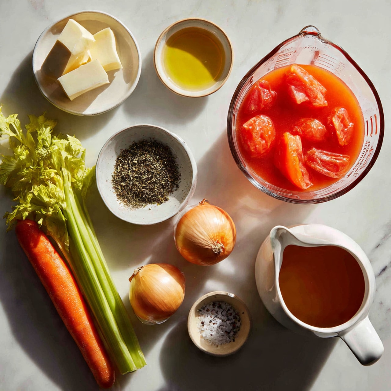 The image shows a white marbled surface with fresh ingredients arranged neatly in a flat lay. In the center right, there is a clear glass measuring cup filled with whole peeled tomatoes in a bright red sauce, showing four large tomato pieces. Below the cup, a white ceramic pitcher holds rich amber-colored vegetable broth. To the right of the pitcher, a small white bowl contains a pale golden olive oil. Above this, a smaller white bowl is filled with dried thyme, showing dark greenish-brown flakes. On the left side of the broth pitcher, a long green celery stalk lies parallel to a large, bright orange carrot, both with smooth textures. Below these vegetables, there are two round yellowish onions with dry outer skins. Near the top left corner, a small white plate holds two thick slabs of pale yellow butter, and next to it is a small beige bowl with coarse salt and black pepper specks. A whole garlic bulb with white and purple skin is placed beside the carrot. The lighting is bright and natural, highlighting the fresh colors and textures of all the ingredients. photo taken with an iphone --ar 4:5 --v 7