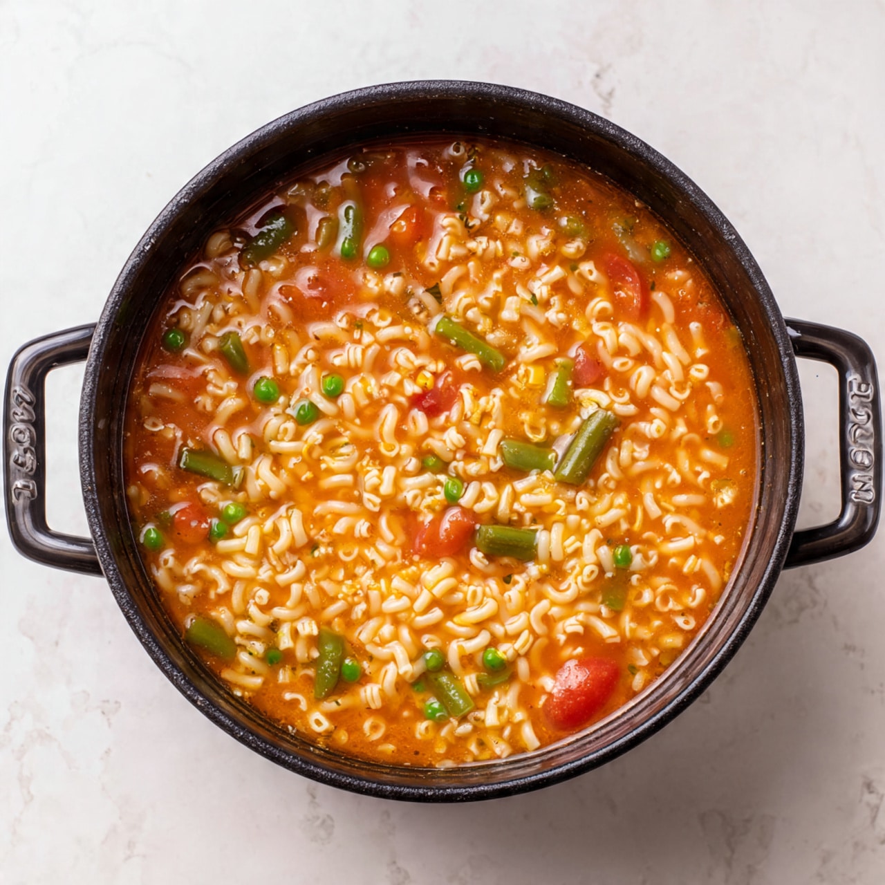 A white bowl filled with a soup made of small alphabet pasta, chunks of green celery, bright orange carrots, green peas, yellow corn, red tomatoes, and pieces of green beans, all immersed in a rich orange broth. The soup is topped with a sprinkle of grated cheese that adds a light dusting on the surface. A spoon with a white handle rests inside the bowl, partially submerged in the soup with some pasta and vegetables on it. The bowl is placed on a white marbled surface. Photo taken with an iphone --ar 4:5 --v 7