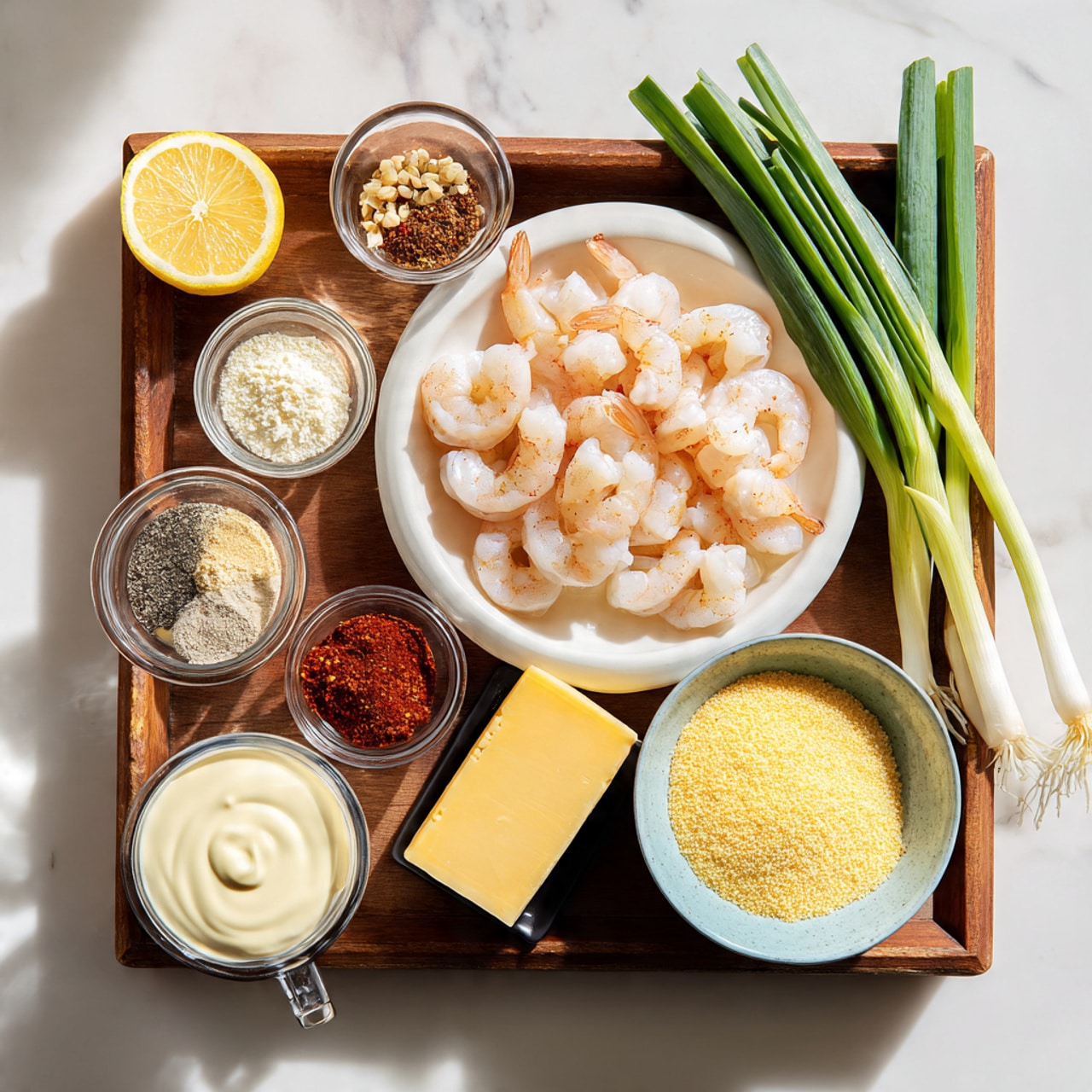 The image shows a wooden tray with different ingredients neatly placed on a white marbled surface. On the tray, there is a white plate in the center filled with peeled pinkish shrimp, surrounded by small clear glass bowls containing red spice, a white and black mixed spice, brown spice, and garlic powder. There is a small black bowl with yellow butter, a wedge of hard yellow cheese on the tray, a glass of white milk, and light yellow cornmeal in a pale blue bowl. On the upper right corner, there are long green spring onions and a half lemon on the upper left corner. At the bottom left, there is a white bowl with light beige mayonnaise. The photo is bright and clear, taken with an iphone --ar 4:5 --v 7