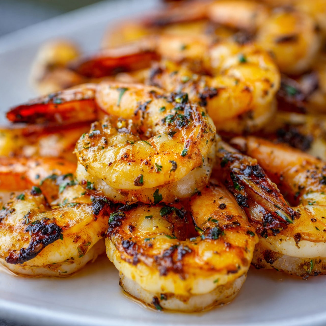 A close-up view of grilled shrimp shows several pieces piled together. Each shrimp has a curved shape with a light pink to orange color and slightly charred black spots on the surface. The texture looks firm and slightly glossy with some grill marks. The tails are still attached, showing a deeper orange and blackened tip. The shrimp are layered unevenly, filling the frame with a sense of abundance. photo taken with an iphone --ar 4:5 --v 7