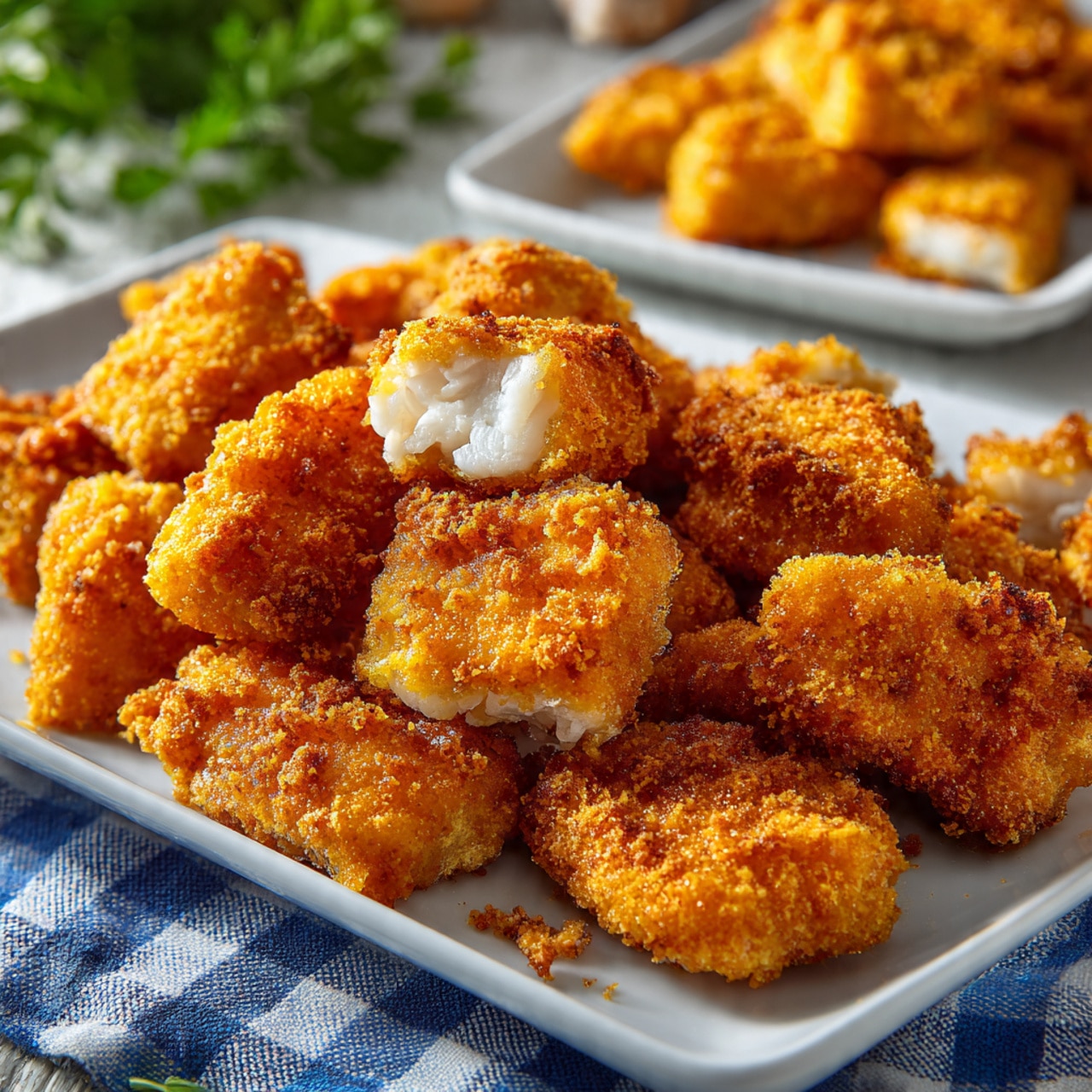A close-up of a woman's hand holding a piece of fried popcorn chicken that is broken in half, showing the white, tender inside and a golden, crunchy coating with small black specks of seasoning. In the background, there are white rectangular plates filled with more popcorn chicken, all placed on a white marbled surface. The image has a warm, inviting tone with a clear focus on the piece of chicken in the woman's hand, highlighting its texture and color. photo taken with an iphone --ar 4:5 --v 7