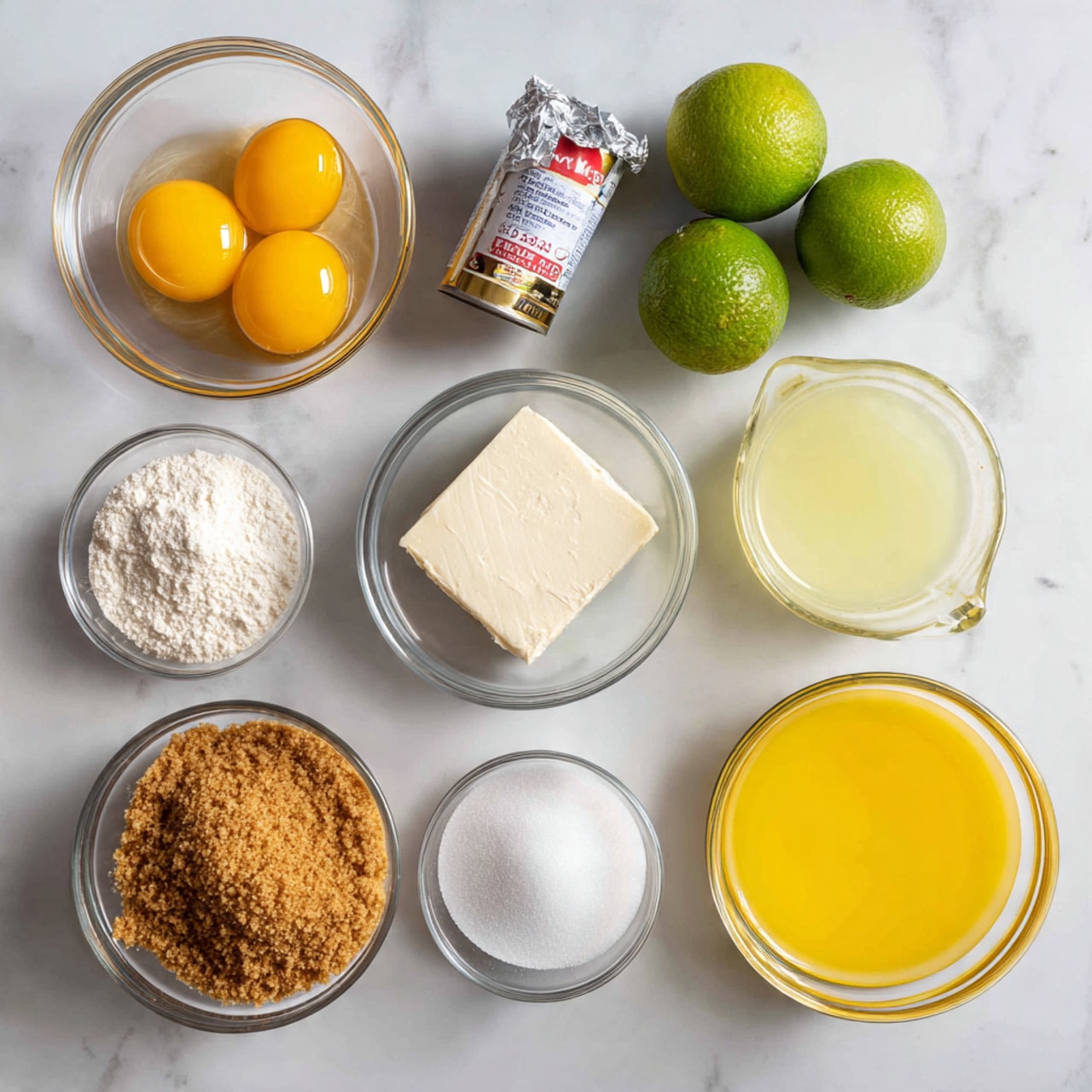 The image shows eight ingredients on a white marbled surface, each in clear glass bowls or containers, neatly arranged with labels. Starting from the top left, there is a small glass bowl holding three bright yellow egg yolks with a smooth texture. Next to it on the right, there are two whole key limes with a shiny green rind. Beside the limes, there is an opened silver foil package holding a soft white block of cream cheese. Below the egg yolks, a tilted can of sweetened condensed milk with a red and white label is visible. In the center, a glass measuring cup holds pale yellow key lime juice. To the right of the juice, a small bowl filled with fine white sugar. At the bottom left, a glass bowl contains golden brown graham cracker crumbs with a rough, grainy texture. Lastly, to the right of the crumbs, a bowl with melted butter showing a yellow liquid with some froth on top. Everything is clearly separated giving a clean and organized look photo taken with an iphone --ar 4:5 --v 7