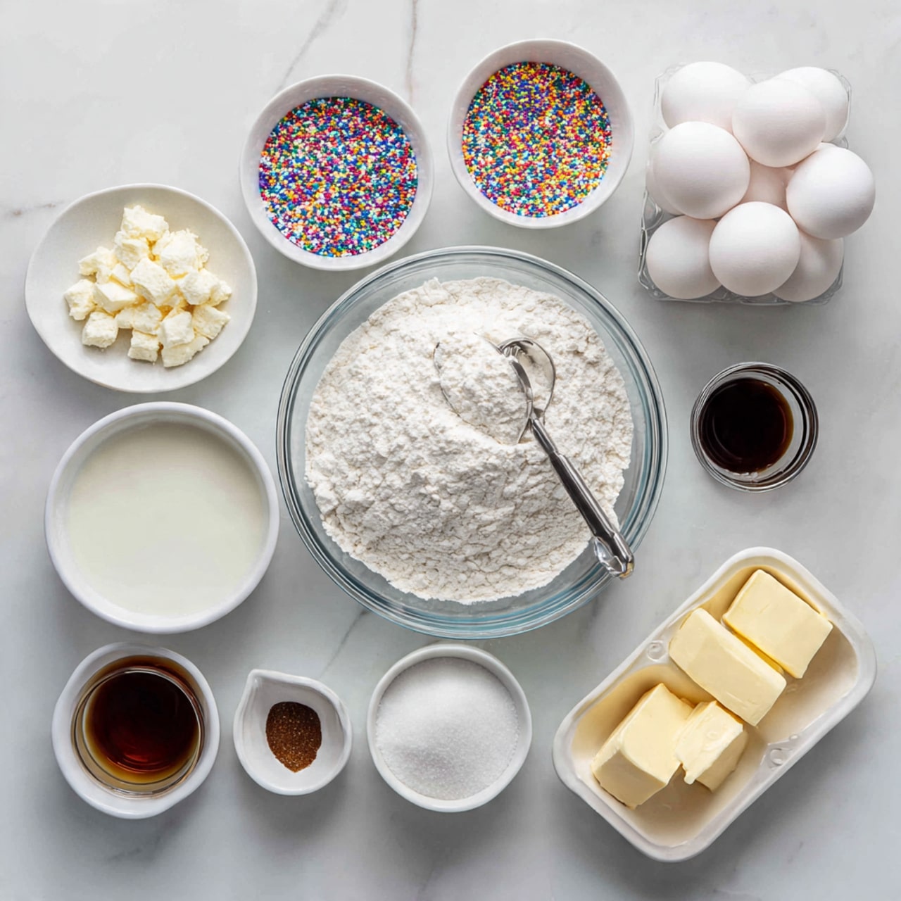 A top-down view of various baking ingredients arranged neatly on a white marbled surface: in the center is a clear glass bowl filled with white flour with a silver scoop resting inside. Surrounding this are small white bowls holding colorful sprinkles, brown powder, granulated sugar, yeast, sour cream, and dark liquid, alongside a bowl of white powdered sugar, a bowl with butter cubes, a small container of vanilla extract, and a small bowl of milk. There is also a white egg carton with four white eggs visible. The arrangement is clean and well-organized, with soft natural light illuminating all elements evenly. photo taken with an iphone --ar 4:5 --v 7
