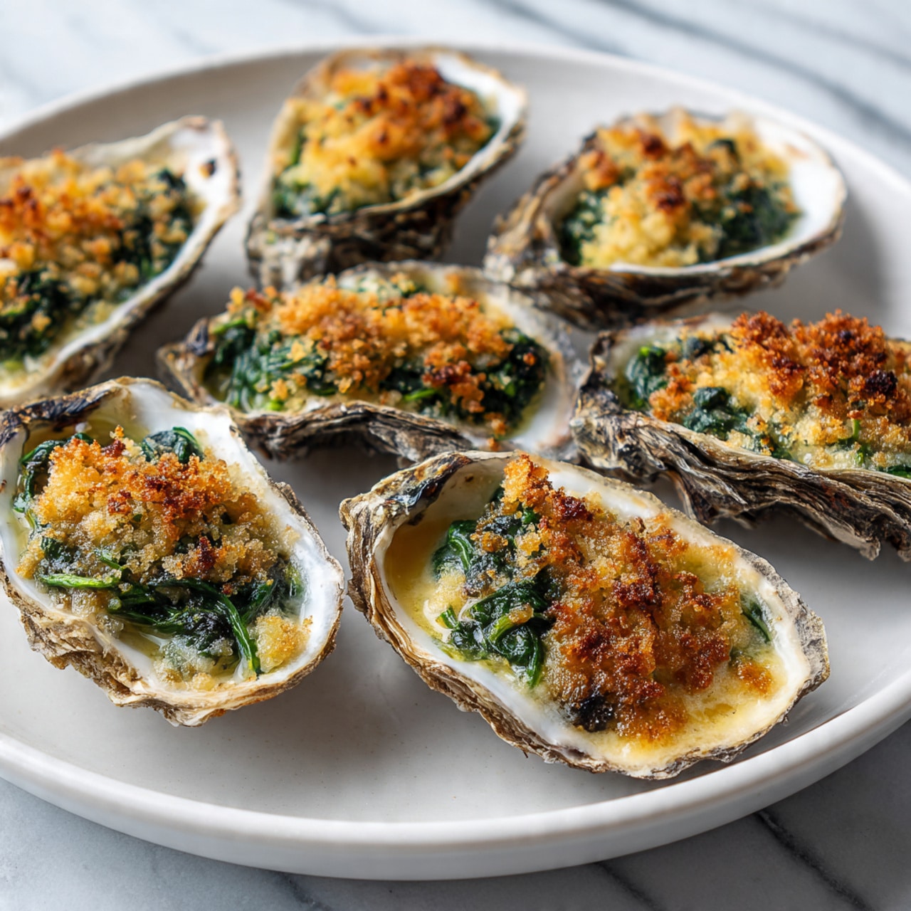 The image shows baked oysters served in their shells placed on a white marbled surface. Each oyster shell holds a layered dish with a bottom layer of creamy, light yellow sauce, followed by green spinach leaves. On top is a layer of golden-brown toasted breadcrumbs, adding a crispy texture. The oyster shells themselves are rough-edged and varied in shades of white and gray, creating a natural, rustic look. The close-up focuses on the shells and the textured topping, with a soft focus on the background oysters for depth. photo taken with an iphone --ar 4:5 --v 7