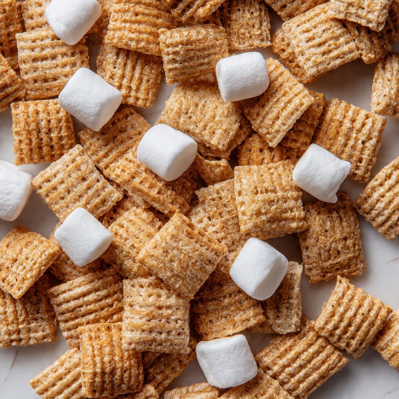 The image shows a close-up of a single layer of square-shaped cereal pieces in light brown color with a slightly rough texture, mixed with small white, soft-looking marshmallows scattered unevenly throughout. The cereal pieces have ridged patterns on their surface and appear crunchy. The entire mixture is set against a white marbled surface, giving a clean and bright background. Photo taken with an iphone --ar 4:5 --v 7