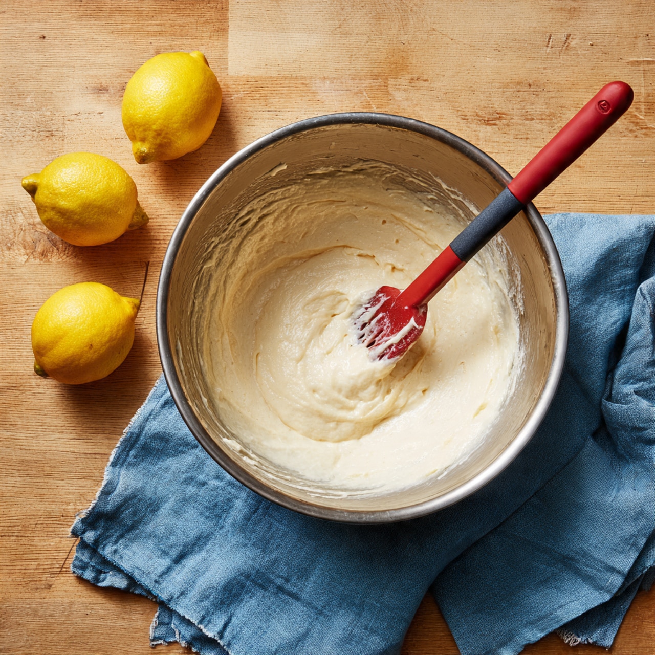 A shiny metal mixing bowl holds a light, creamy batter with a smooth texture inside. A red and black spatula rests in the bowl, partially covered by the batter. The bowl sits on a wooden surface next to a folded blue cloth. Three bright yellow lemons are placed on the cloth near the bowl. The overall scene has a home kitchen feel, with a soft, warm color tone. photo taken with an iphone --ar 4:5 --v 7