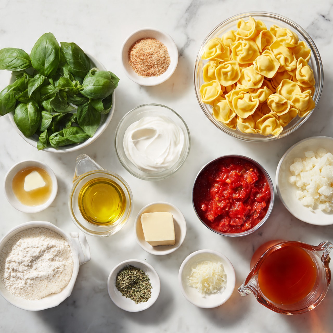 A flat white marbled surface holds several small white bowls and glass measuring cups filled with ingredients. The top left shows fresh green basil leaves, next to a glass measuring cup filled with yellow tortellini. To the right are two open cans—one with bright red crushed tomatoes and the other with diced tomatoes in red sauce. Below the basil and tortellini, a glass measuring cup contains white heavy cream, beside a small white bowl holding golden olive oil. Nearby, a white bowl holds finely chopped white onion, and another small white bowl contains light brown sugar. A tiny white plate has a pat of pale yellow butter. A red bowl is filled with white flour, and a small white dish holds finely chopped pale yellow garlic. Another small white plate is piled with a greenish mix of Italian seasoning. At the bottom right, a glass measuring cup is filled with amber-colored chicken broth. The setup is neat and bright, showing all ingredients clearly on the white marbled surface, photo taken with an iphone --ar 4:5 --v 7