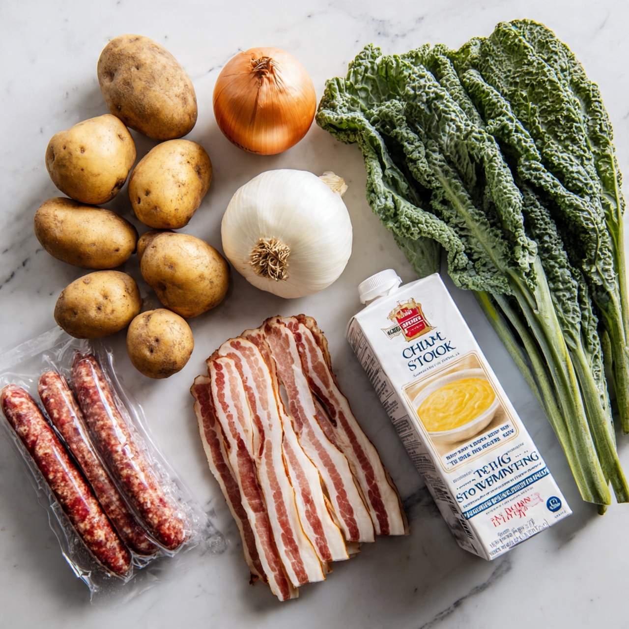 The image shows fresh cooking ingredients arranged on a white marbled surface. On the left side, there are seven brown potatoes with a rough skin and an orange onion next to them near a bulb of white garlic. Below them, there is a pack of hot Italian sausage with red and white speckles mixed together, and beneath it, a stack of uncooked bacon strips with red and white fat marbling. To the right, there is a bunch of green leafy kale with curly edges above a carton of organic chicken stock that has a yellow soup picture on the packaging. Next to the chicken stock carton, there is a white carton of heavy whipping cream with a red and blue label. The ingredients are all fresh and raw, ready for cooking. photo taken with an iphone --ar 4:5 --v 7