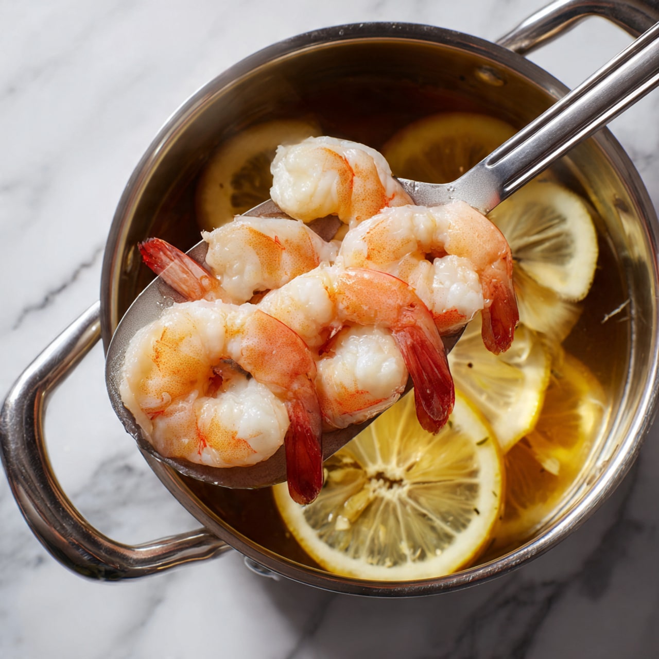 The image shows a metal spatula holding four cooked shrimp, which are pink and white with a shiny, smooth texture. The shrimp are positioned above a silver pot filled with clear broth that has lemon slices floating inside. The pot has two handles and sits on a surface with a white marbled texture. The photo focuses closely on the shrimp and the pot, highlighting the bright colors and moist look of the shrimp. Photo taken with an iphone --ar 4:5 --v 7