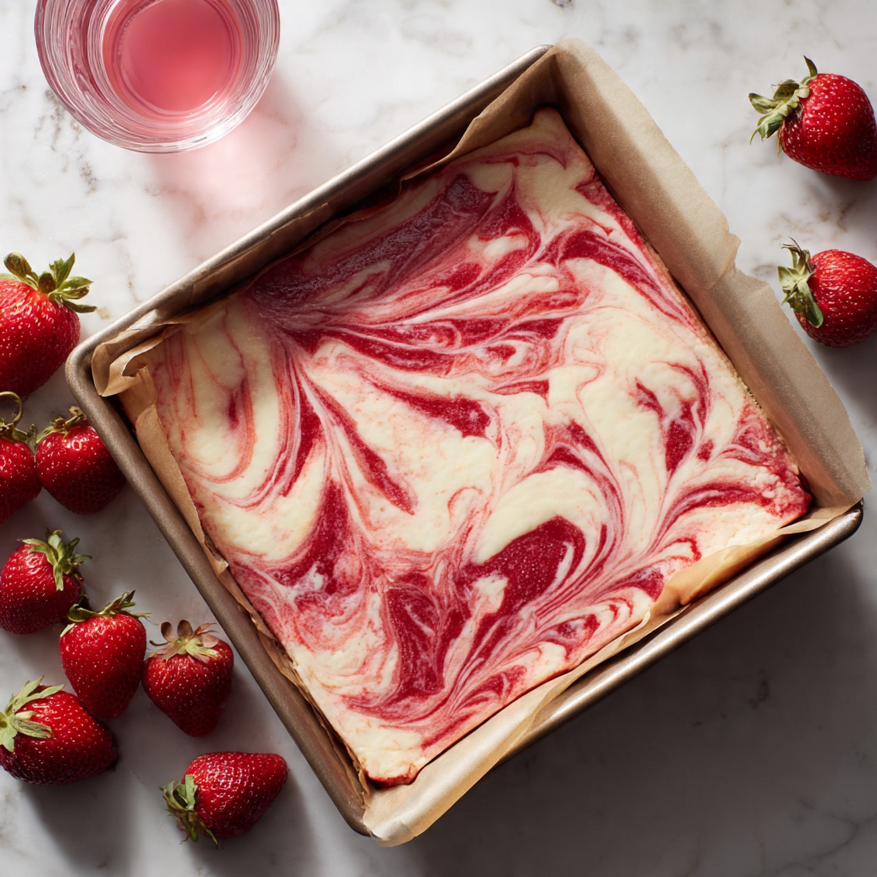A square baking pan lined with parchment paper holds a smooth, creamy dessert layer with swirls of rich red strawberry sauce and creamy white cheesecake batter, blending together in a marbled pattern. The marbled layers are evenly spread on top, creating an artistic mix of red, white, and pink colors with a glossy texture. Around the pan on a white marbled surface, fresh bright red strawberries add a fresh touch. A clear glass bowl with pink liquid sits in the background. The lighting is bright, highlighting the shiny surface of the dessert and fresh fruit, photo taken with an iphone --ar 4:5 --v 7