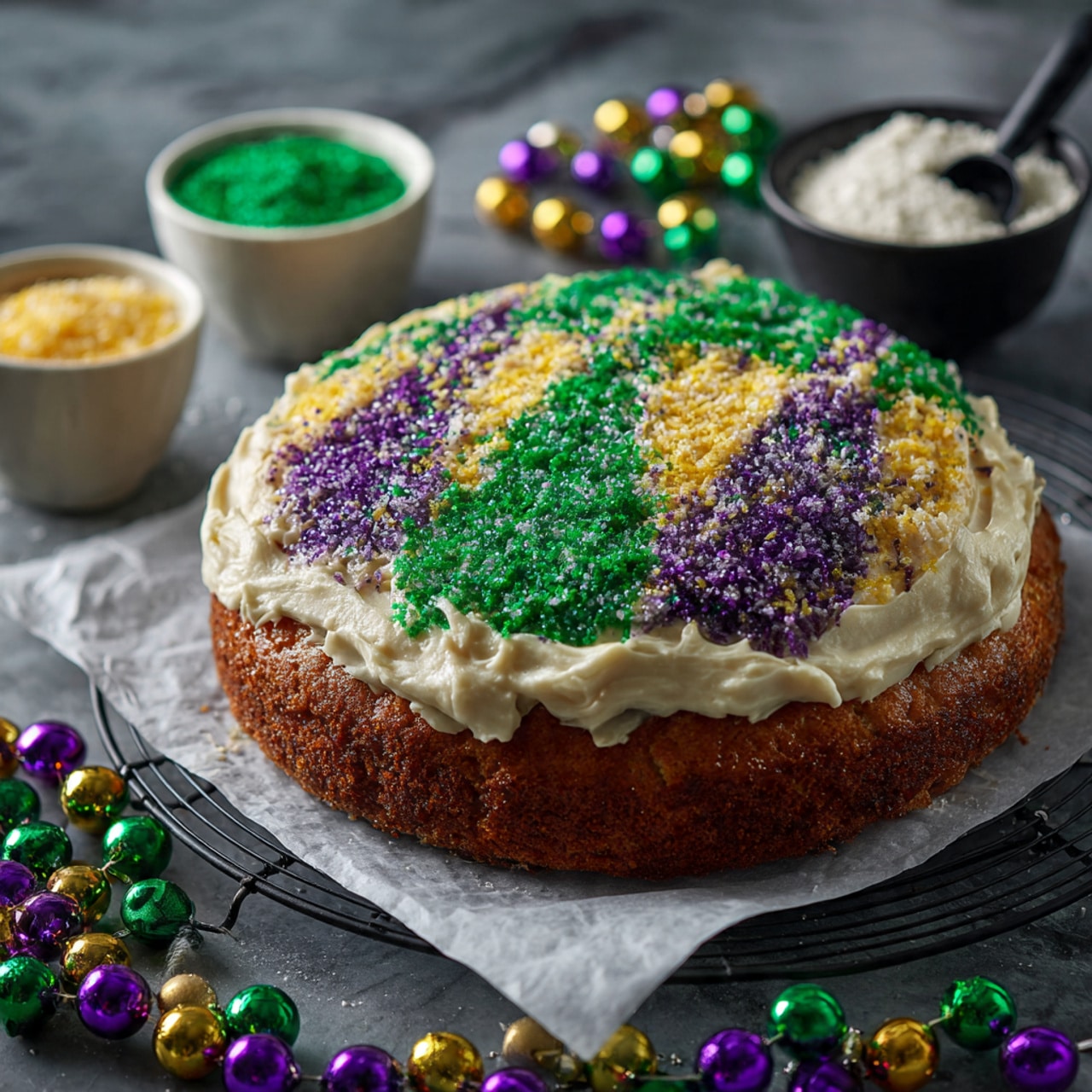 A large round cake sits on white parchment paper over a wire rack, decorated with thick white frosting spread in sections on top. The frosting sections are covered with coarse sugar sprinkles in green, purple, and yellow, arranged in alternating patches around the cake. The cake itself is a golden brown color visible around the edges under the frosting. Around the cake, there are small white bowls filled with matching green, purple, and yellow sugar. Colorful Mardi Gras beads in green, purple, and gold are draped off to the side on a white marbled surface. A small black bowl filled with white sugar and a black scoop are also nearby. photo taken with an iphone --ar 4:5 --v 7