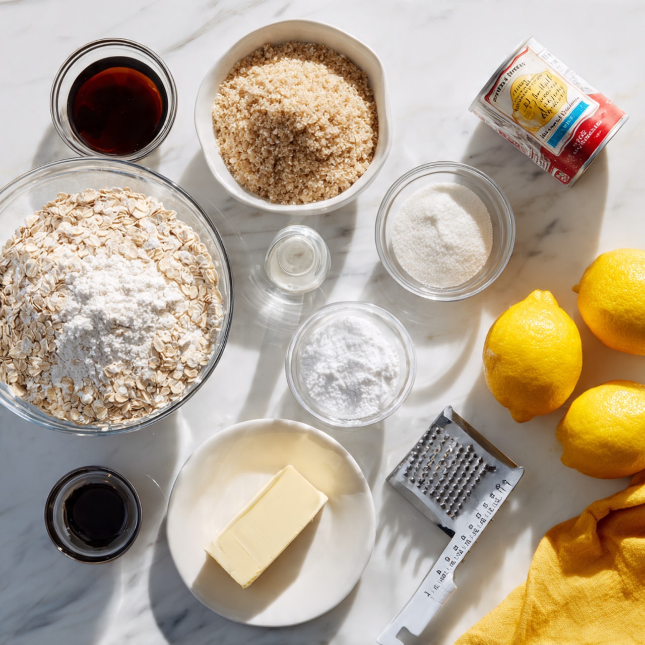 The image shows a white marbled surface with several clear glass bowls and kitchen items arranged neatly. One large bowl is filled with light brown oats flakes, another bowl has a mound of white flour, and a third bowl holds coarse brown sugar. There is a small clear container with dark vanilla extract nearby. Two bright yellow lemons rest on a white grater with a black handle. A stick of butter with measurement markings on the wrapper is placed beside a tiny glass bowl of white baking powder. A small metal cup holds white salt. A can of sweetened condensed milk with a red label is also visible. A yellow cloth is placed on the side. The setup is bright and organized, ready for baking ingredients to be mixed photo taken with an iphone --ar 4:5 --v 7
